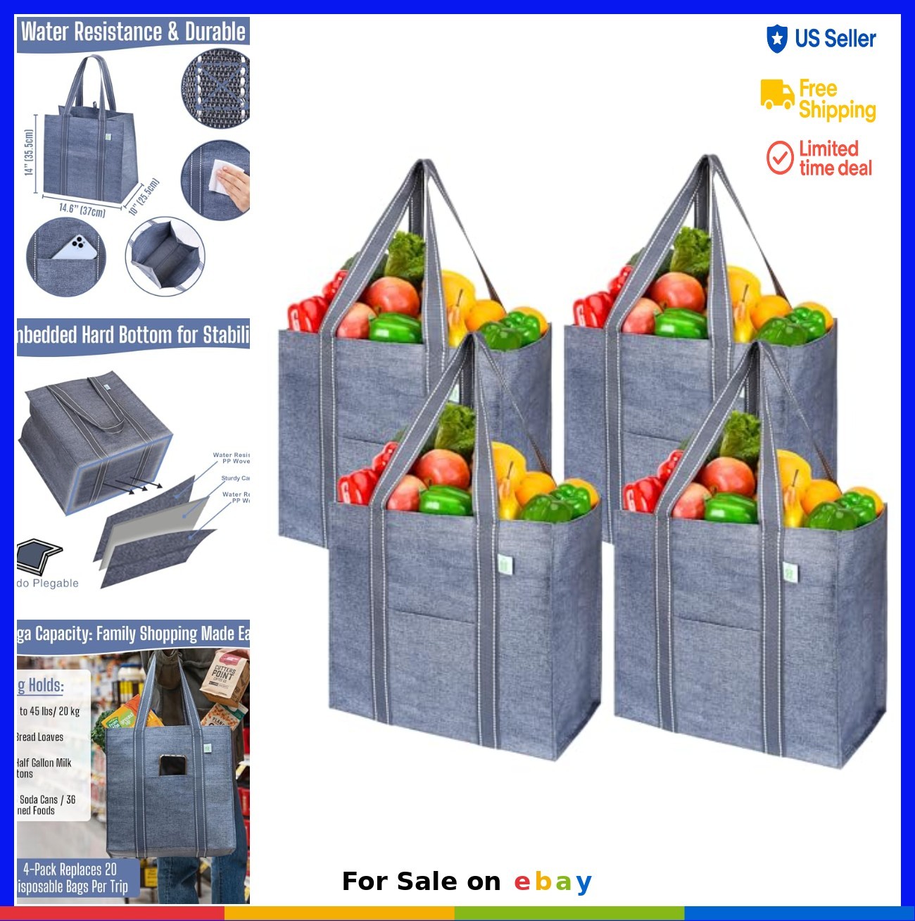 Reusable Grocery Bags 4 Pack Large Heavy Duty Hard Bottom 45 lbs 32.9L Foldable