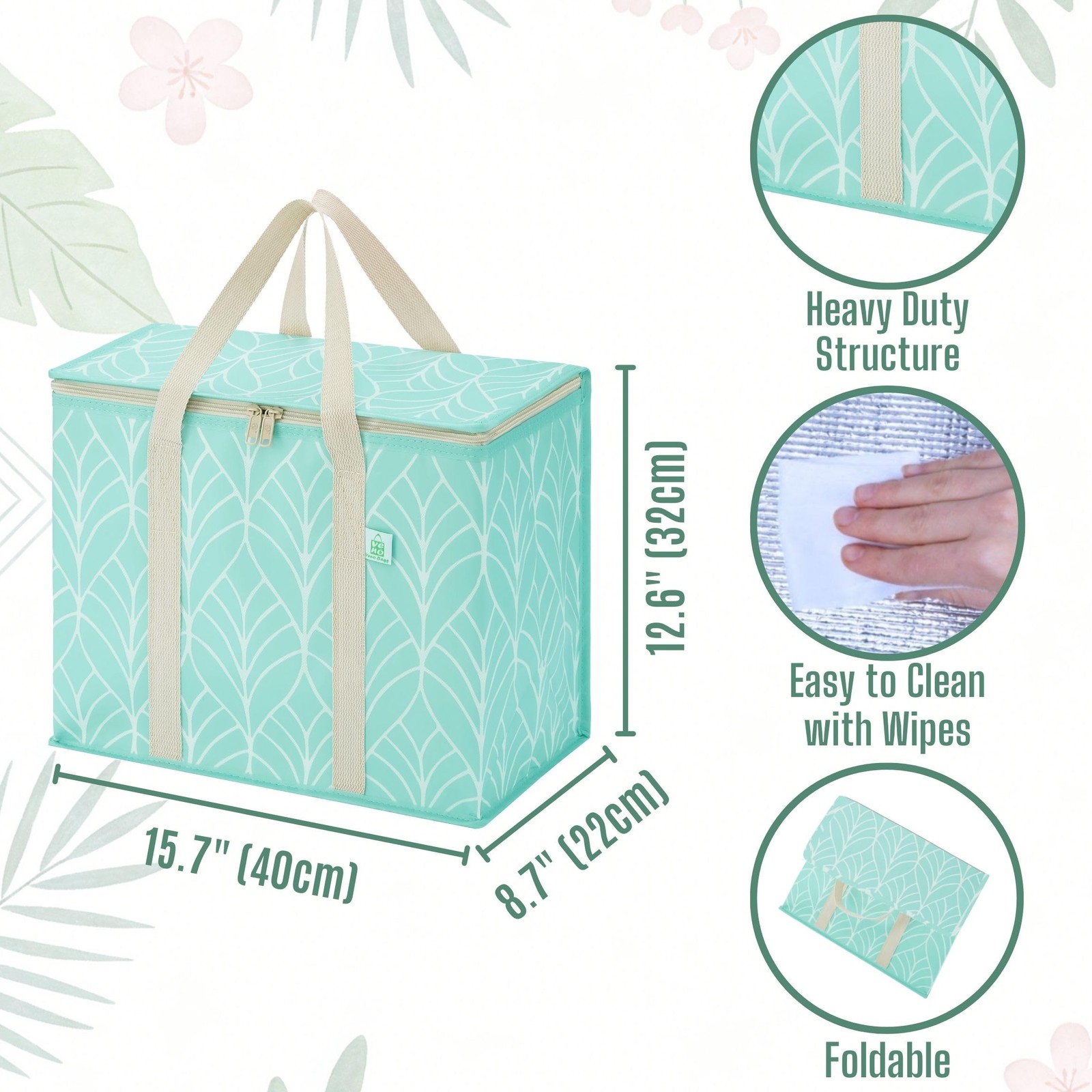 3 PCS Large Evergreen Insulated Cooler Reusable Grocery Shopping Bag Lid