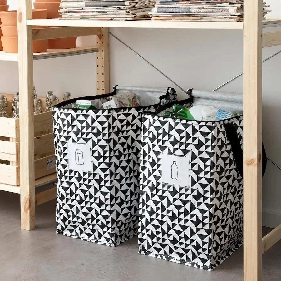 Ikea KNALLA Zipped Bag Laundry Groceries Black/White 15 ¾x9 ¾x18 ½ “/12 Gallon