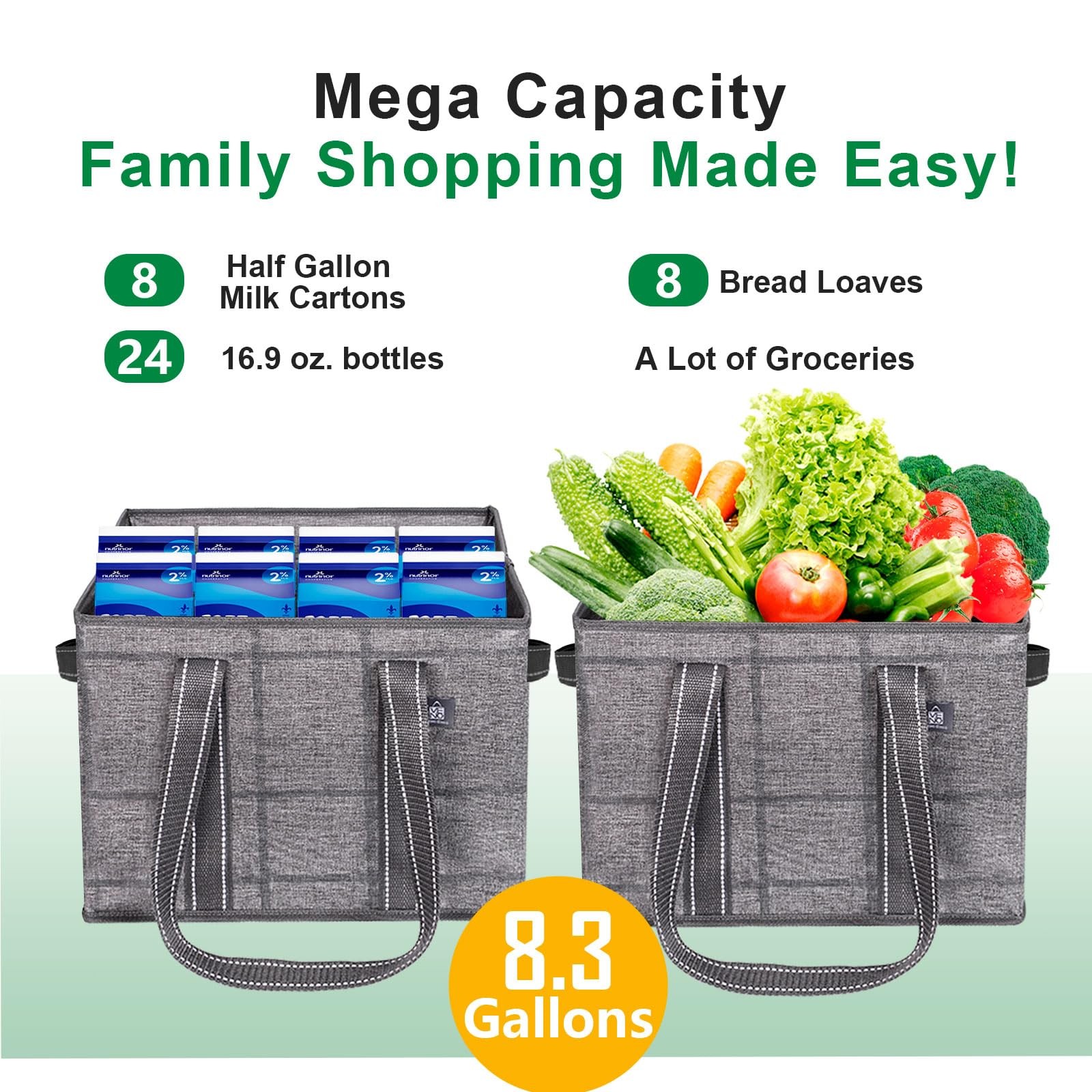 2 PCS 8 Gallon Large Reusable Grocery Bag Heavy Duty Foldable Utility Tote