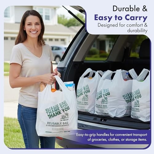 Heavy Duty Reusable Plastic Grocery Bags – 200 Pack, 12″x7″x22″, 55 Micron, Than