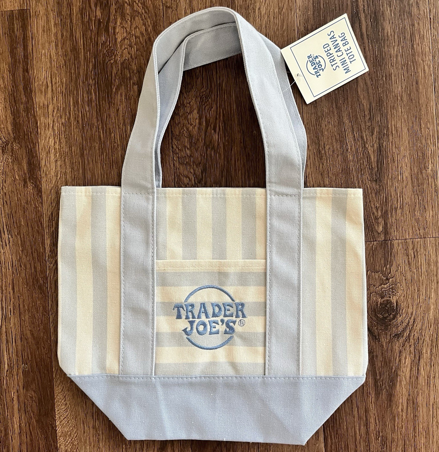 Trader Joe’s Canvas Striped Mini Tote Bag Blue and Beige 13x6x11 in New