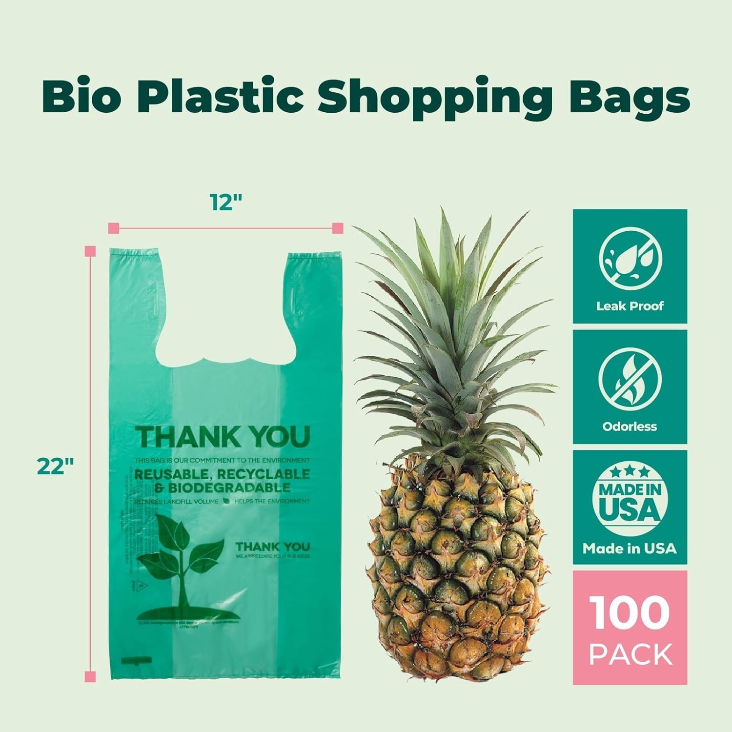 Eco Biodegradable Plastic Grocery Bags – 100 Count with Handles, Thank You T-…