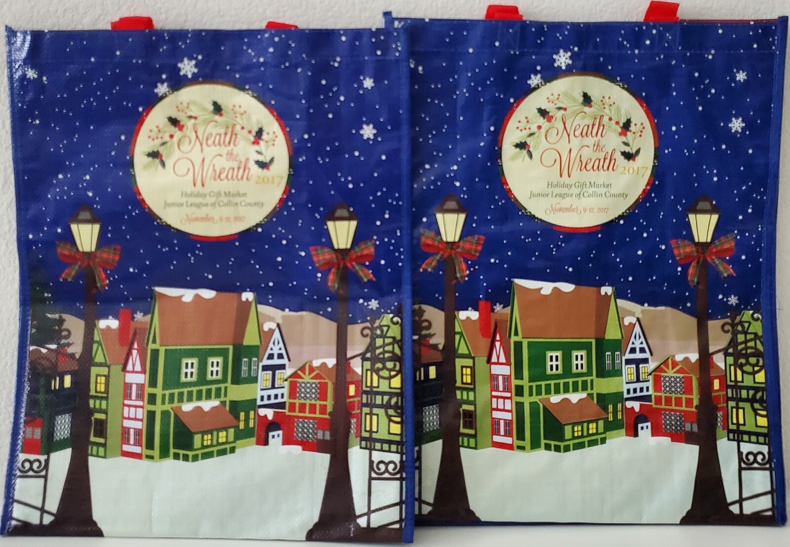 NEW Neath the Wreath Holiday Market 2017 Reusable Shopping Tote Set of 2,18.5×15