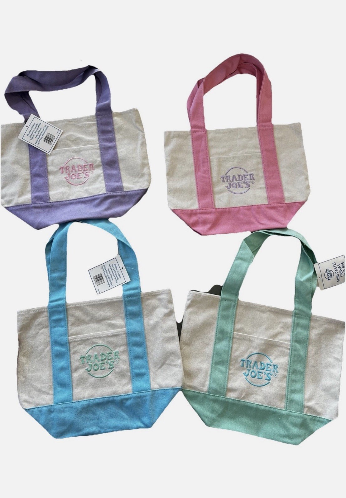 NWT~Set Of 4~Trader Joe’s~Mini Pastel Canvas Tote Bag~Blue Green Pink Purple