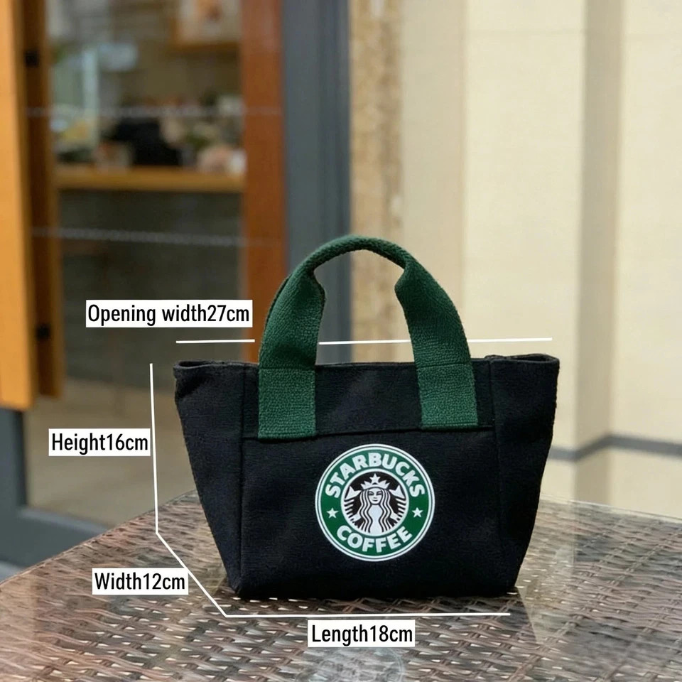 black Starbucks Print Mini Canvas Tote Bag Reusable for Women Lunch & Grocery
