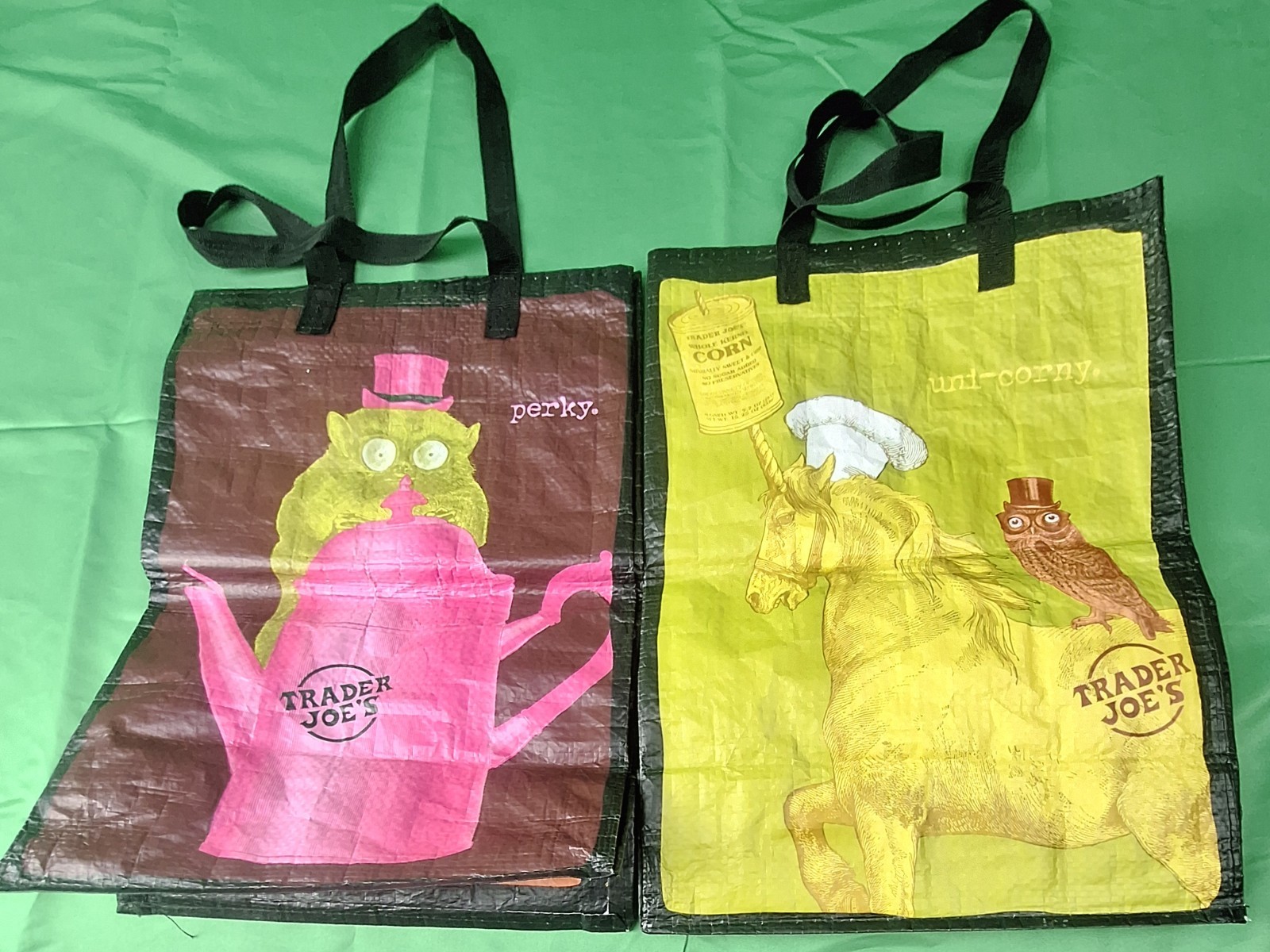 2 Trader Joes Reusable Tote Bag Perky Owl Uni-corny Corn Grocery Shopping Travel