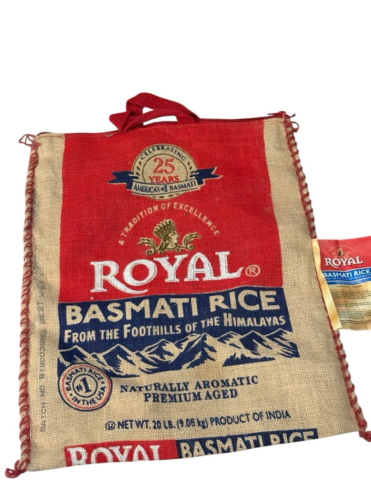 Royal Basmati Rice Zipper Tote Bag Upcycled Burlap Grocery Market Bag