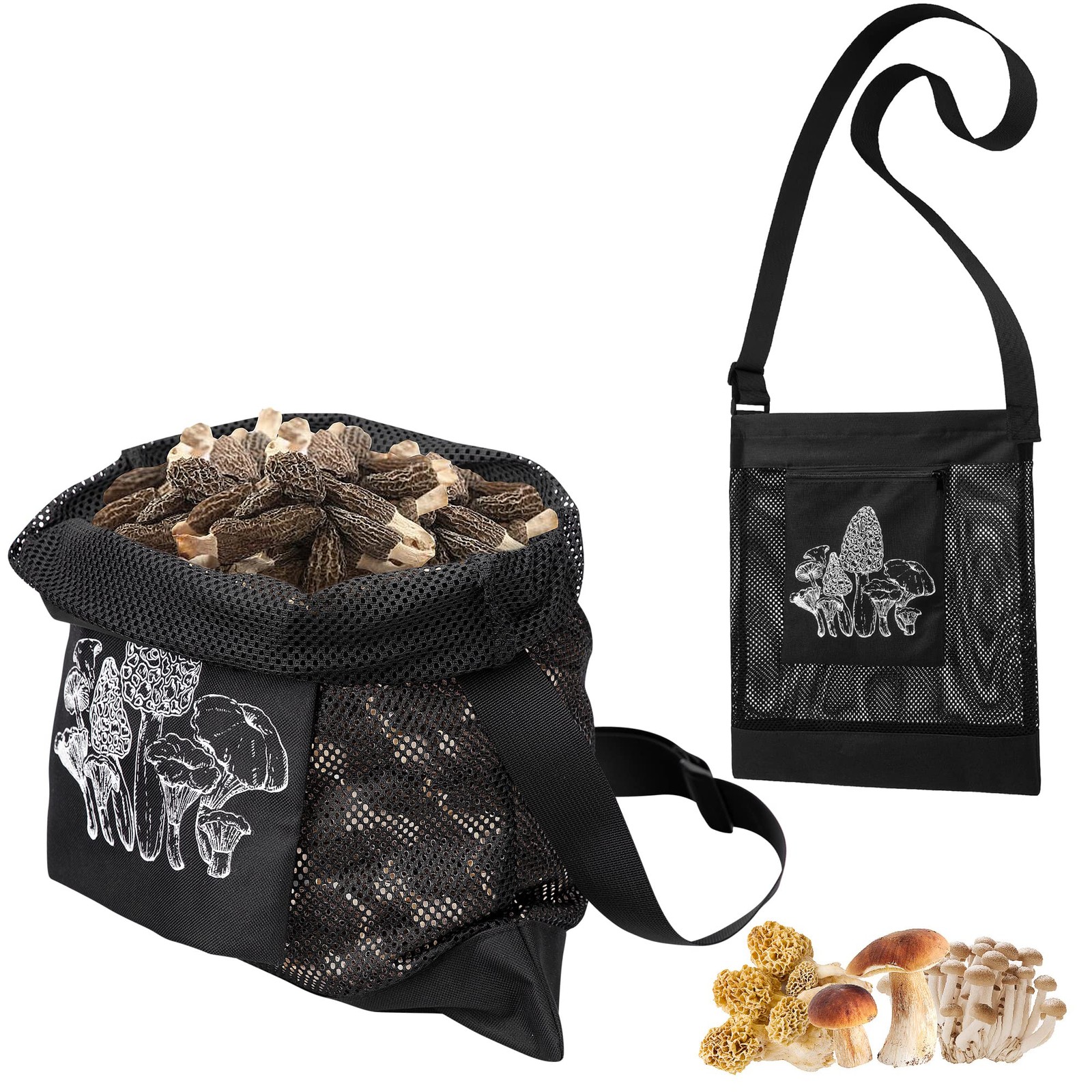 moonoom 2pcs Mushroom Hunting Bag,Mesh Pouch Harvesting Bag, Medium, Black