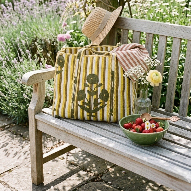 Reusable Shopping Tote Bag 18x18x18 in Striped Yellow Green White Double Handles