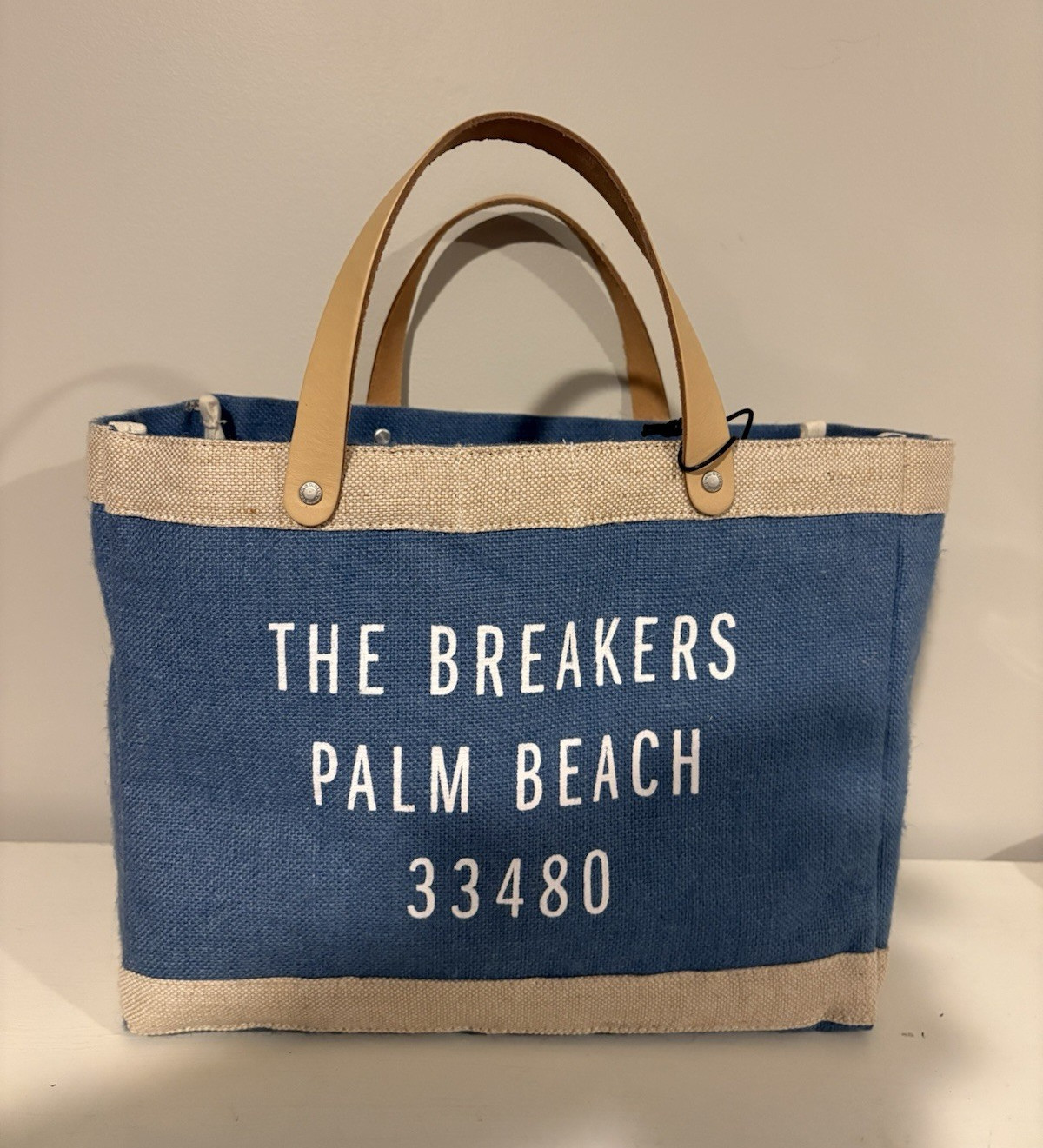 Apolis Original Market Bag Blue/Beige Jute Leather Tote Reusable Shopping
