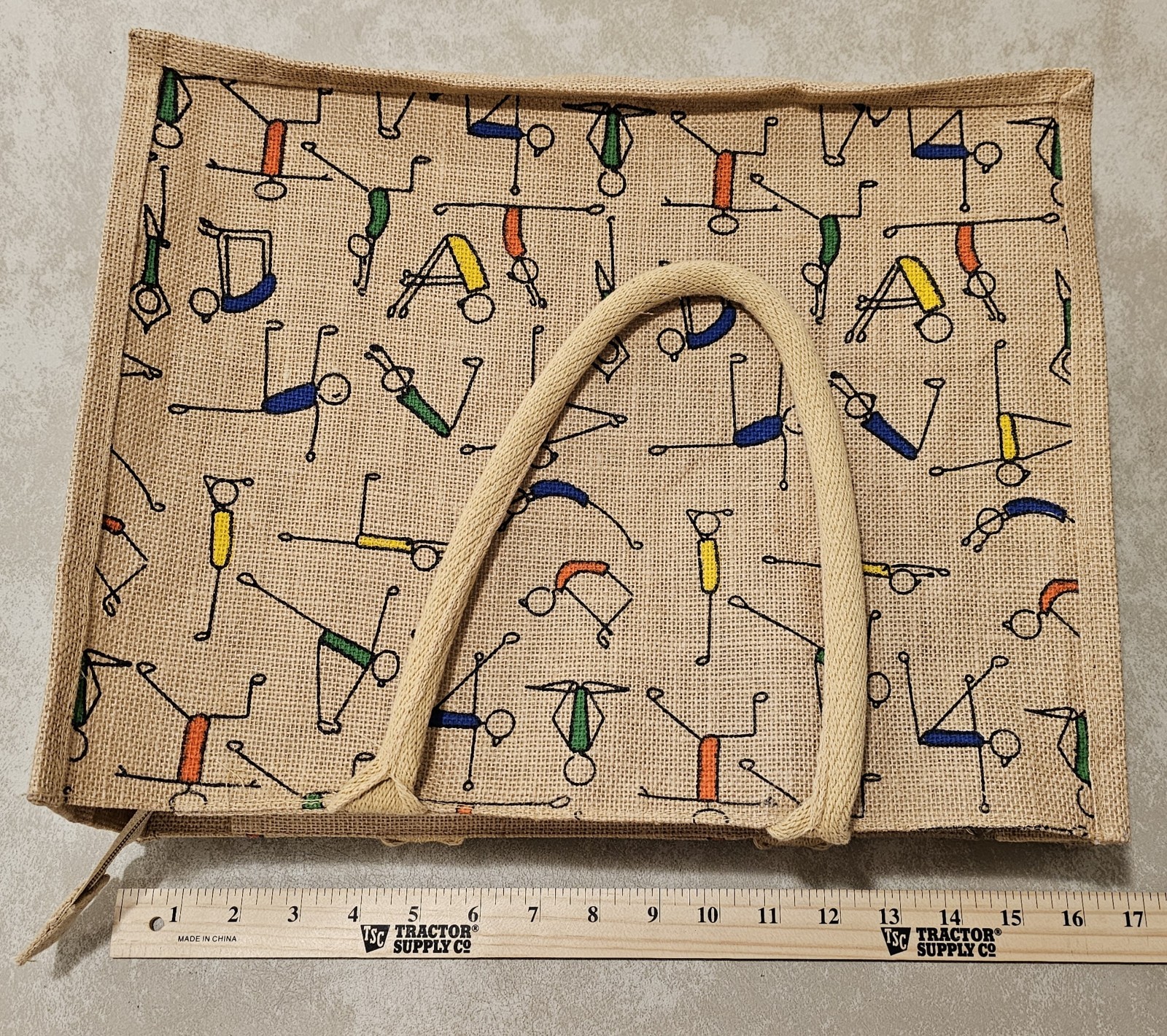 Reusable Jute Tote Bag Beige Multicolor All-Over Stick Figure Pattern 17×13″