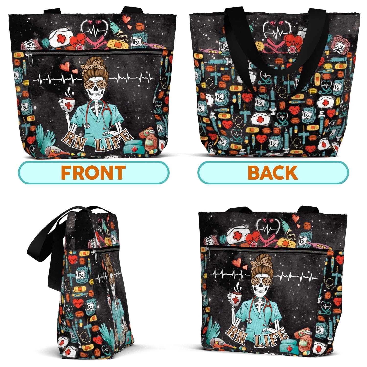 RN Registered Nurse Large Shoulder Tote Bag With Pockets Zipper Work Gift