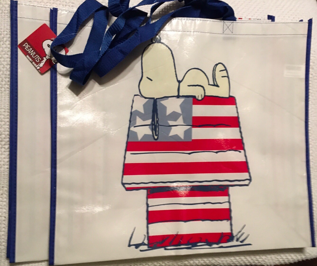 PEANUTS American Patriotic Set 2 SNOOPY Reusable SHOPPING BAGS 19.5 X 17.5” NWT