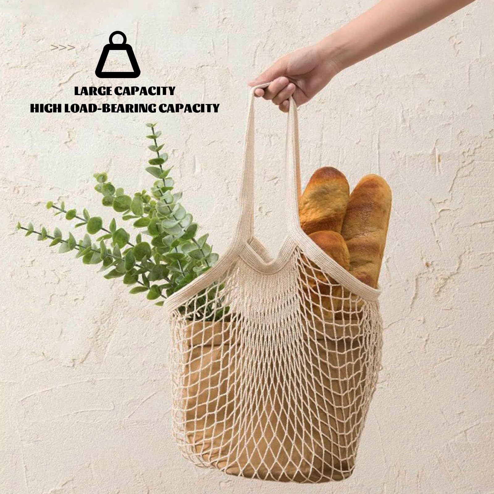 3 PCS Cotton Mesh Grocery Bags Reusable Net Tote Long Handle Washable Beige