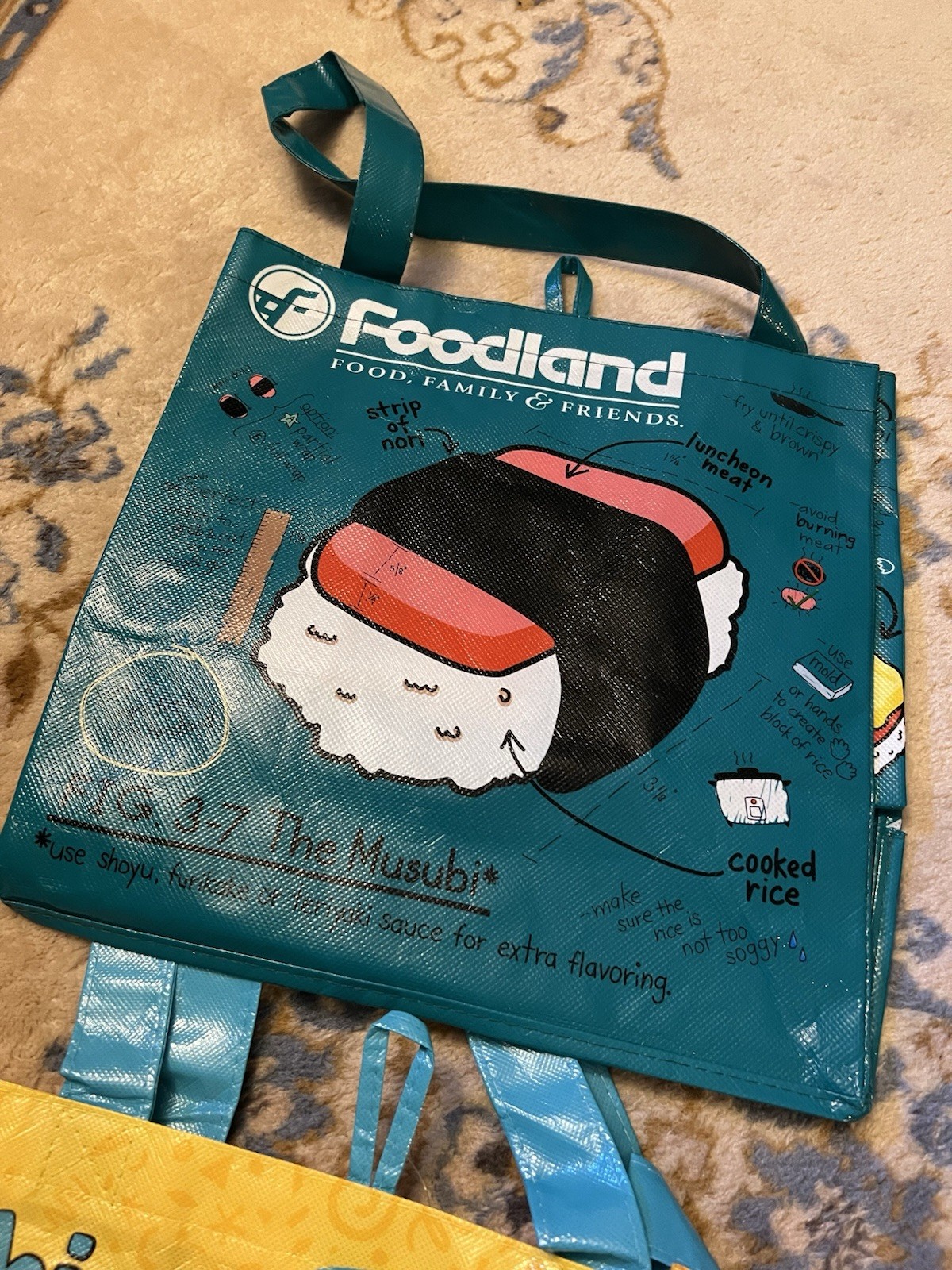Foodland Hawaii Set Of 3 Reusable Tote Bags ~ Spam Musubi Pho Noodles Pun Poke