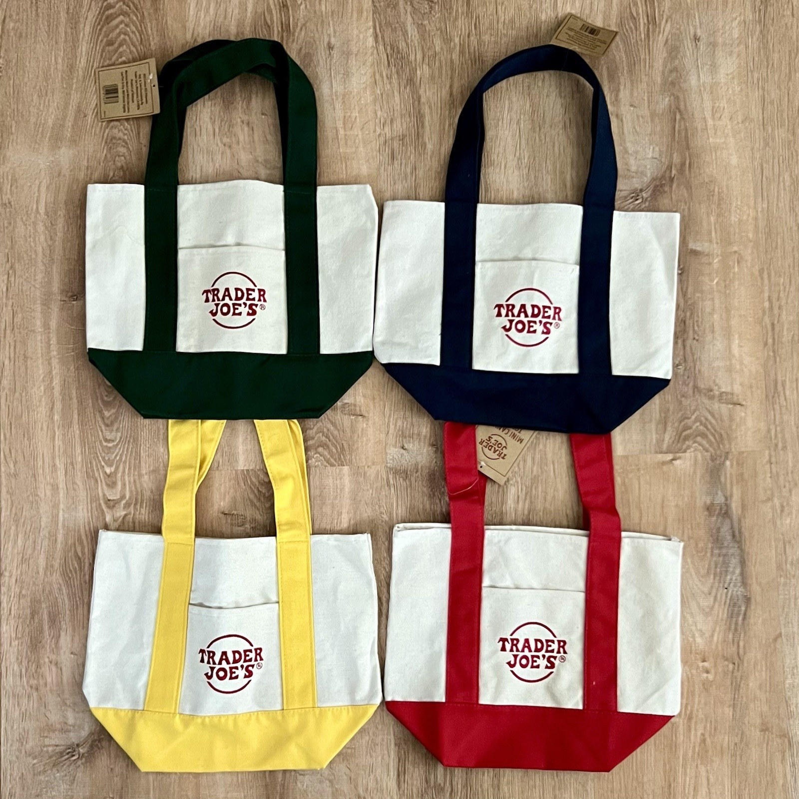 New Trader Joe’s Mini Canvas Tote Shopping Bags Red Green Navy Blue Yellow Set 4