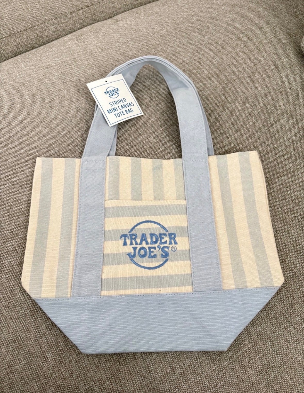 **Authentic** Trader Joe’s Mini Canvas Tote Bag Striped BLUE 13 x 6 x 11 in
