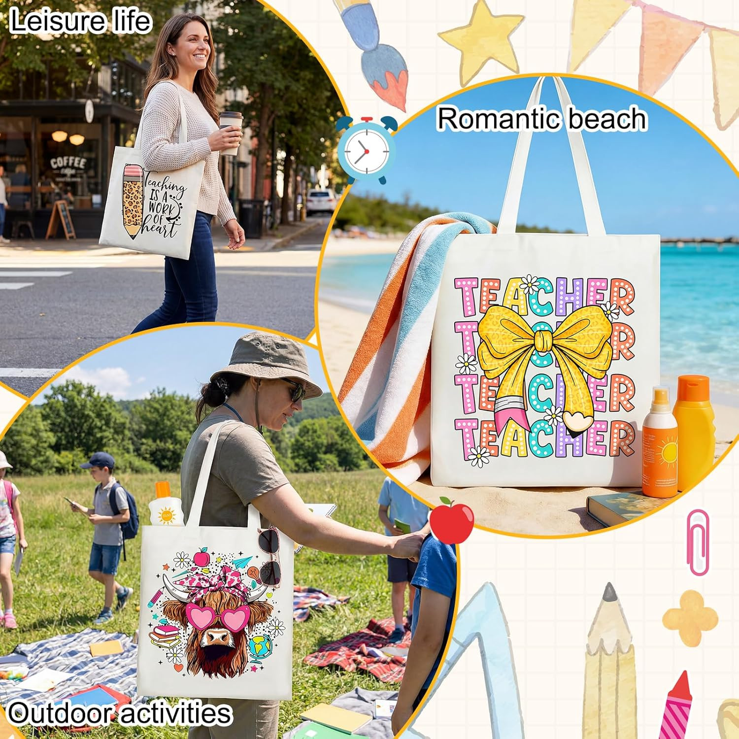 12 Pcs End of the Year Gift for Teacher, Reusable Canvas Tote Bags Thank You Tea