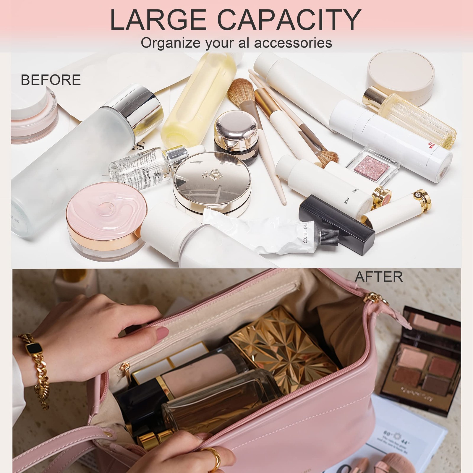 YOMOSPACE Large Makeup Bag, Double Layer Cosmetic Leather Make Up C-Pink