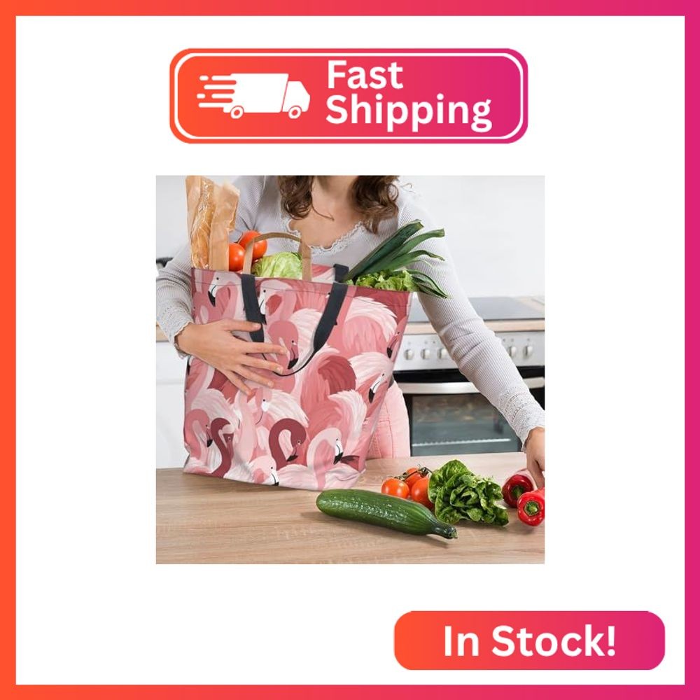 Famame Pink Flamingo Canvas Tote Bag Large Women Casual Shoulder Bag Handbag Reu