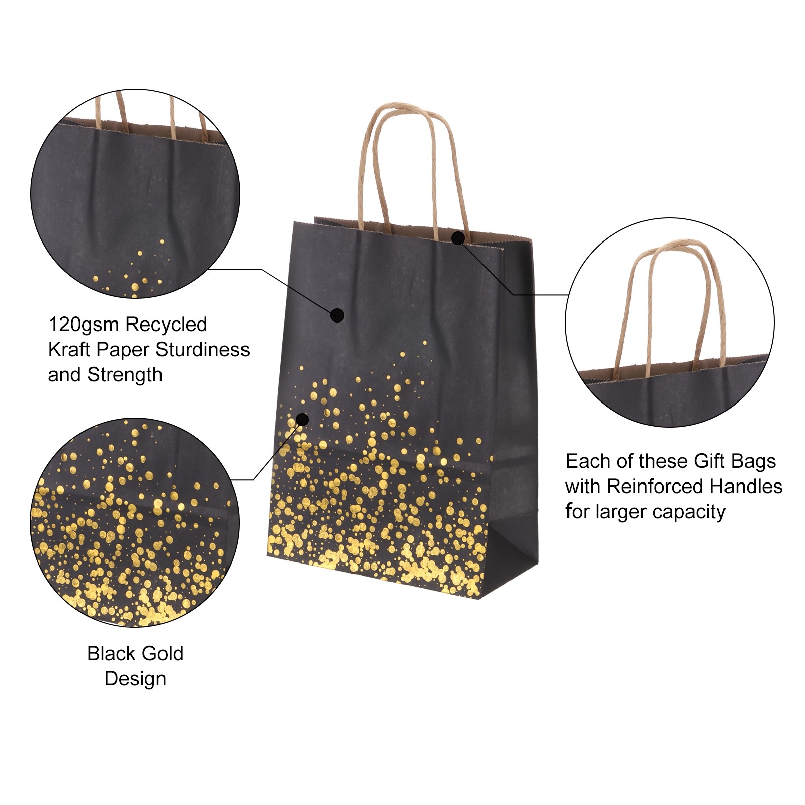 24Pcs Kraft Gift Bags with Handles Bulk, Black Gold Dot Party Favor Bags