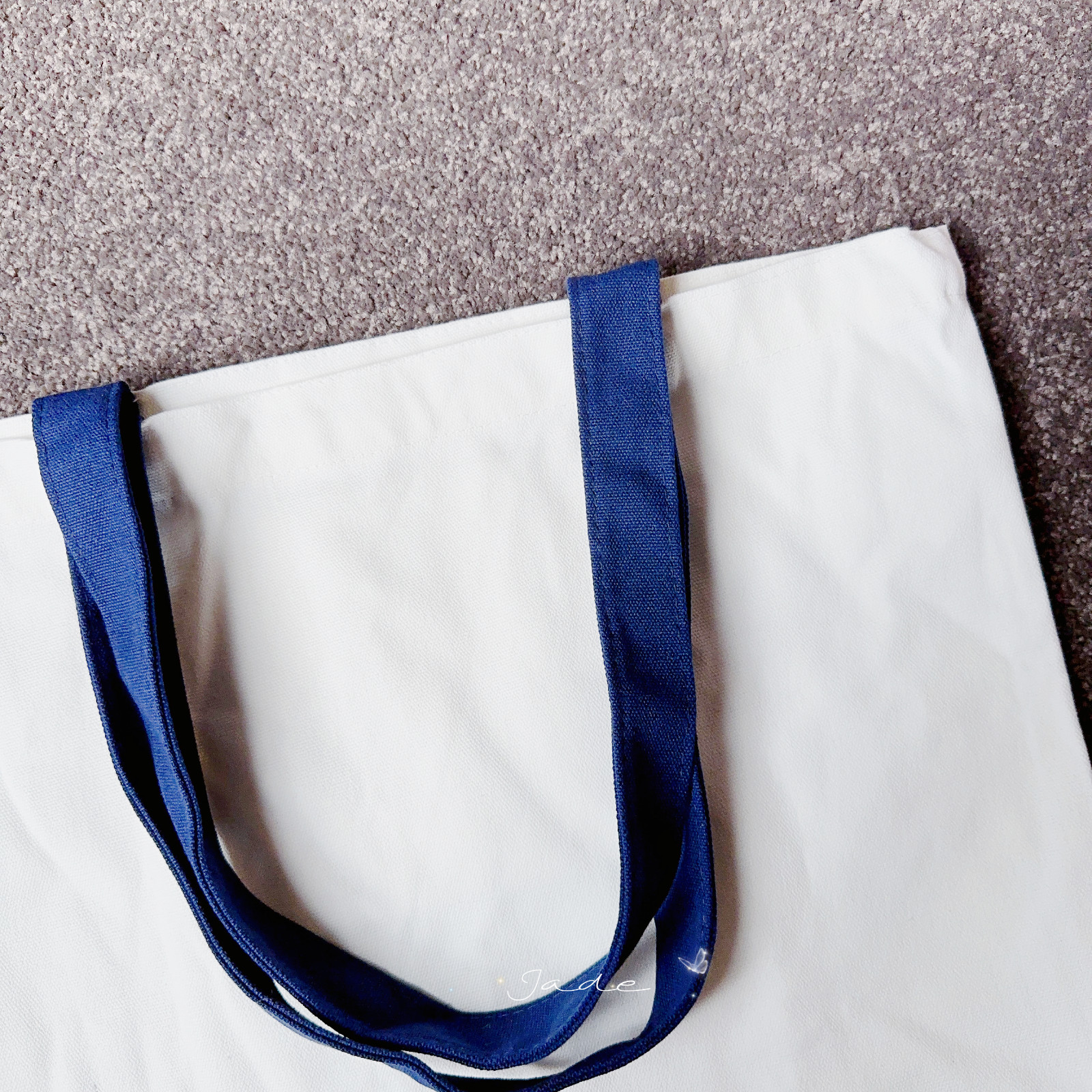 Cotton Tote with Navy Straps Washable Foldable Inner Pocket White Grocery Bag