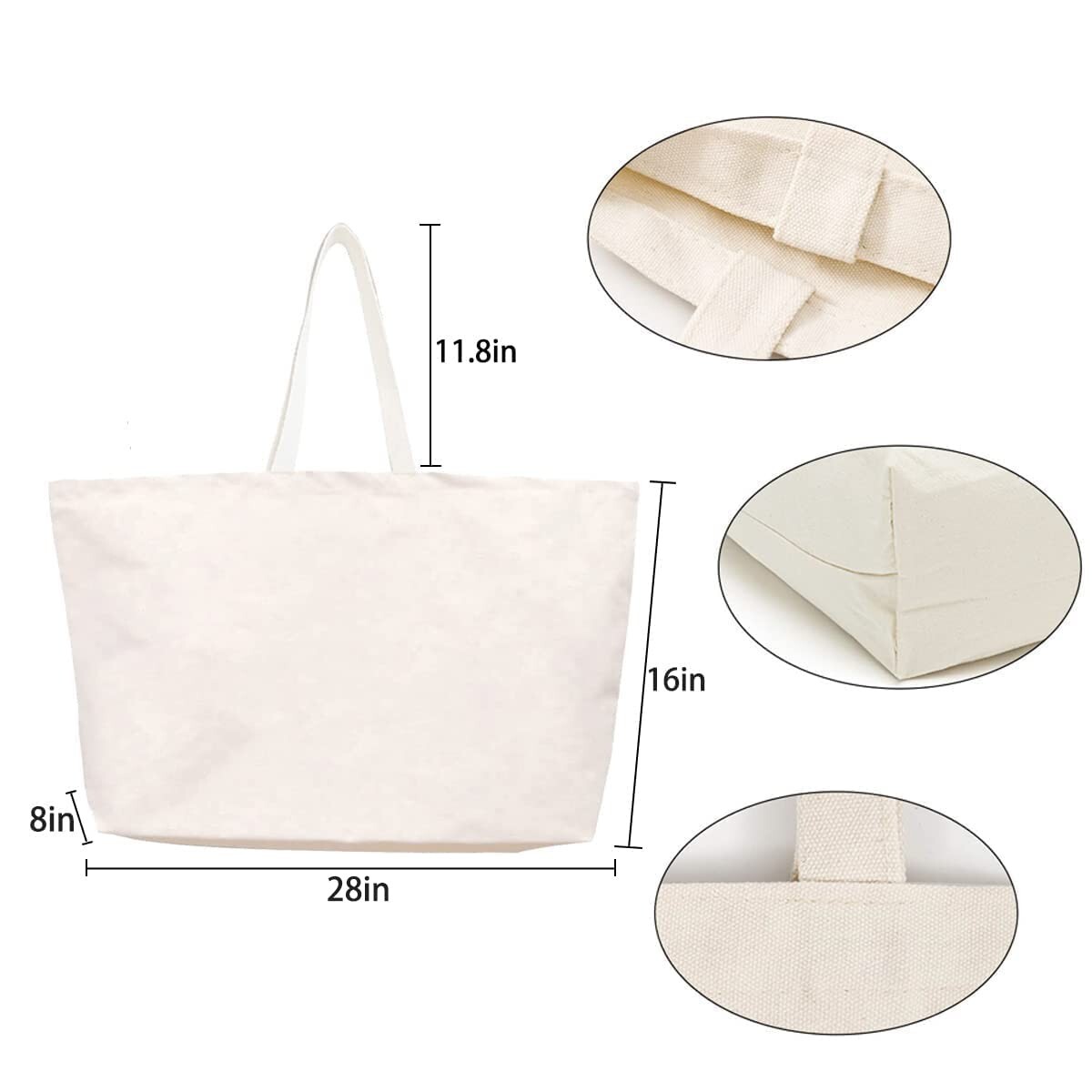 28in Canvas Tote Bag Reusable Grocery Bag Foldable Heavy Duty Shopping Bag
