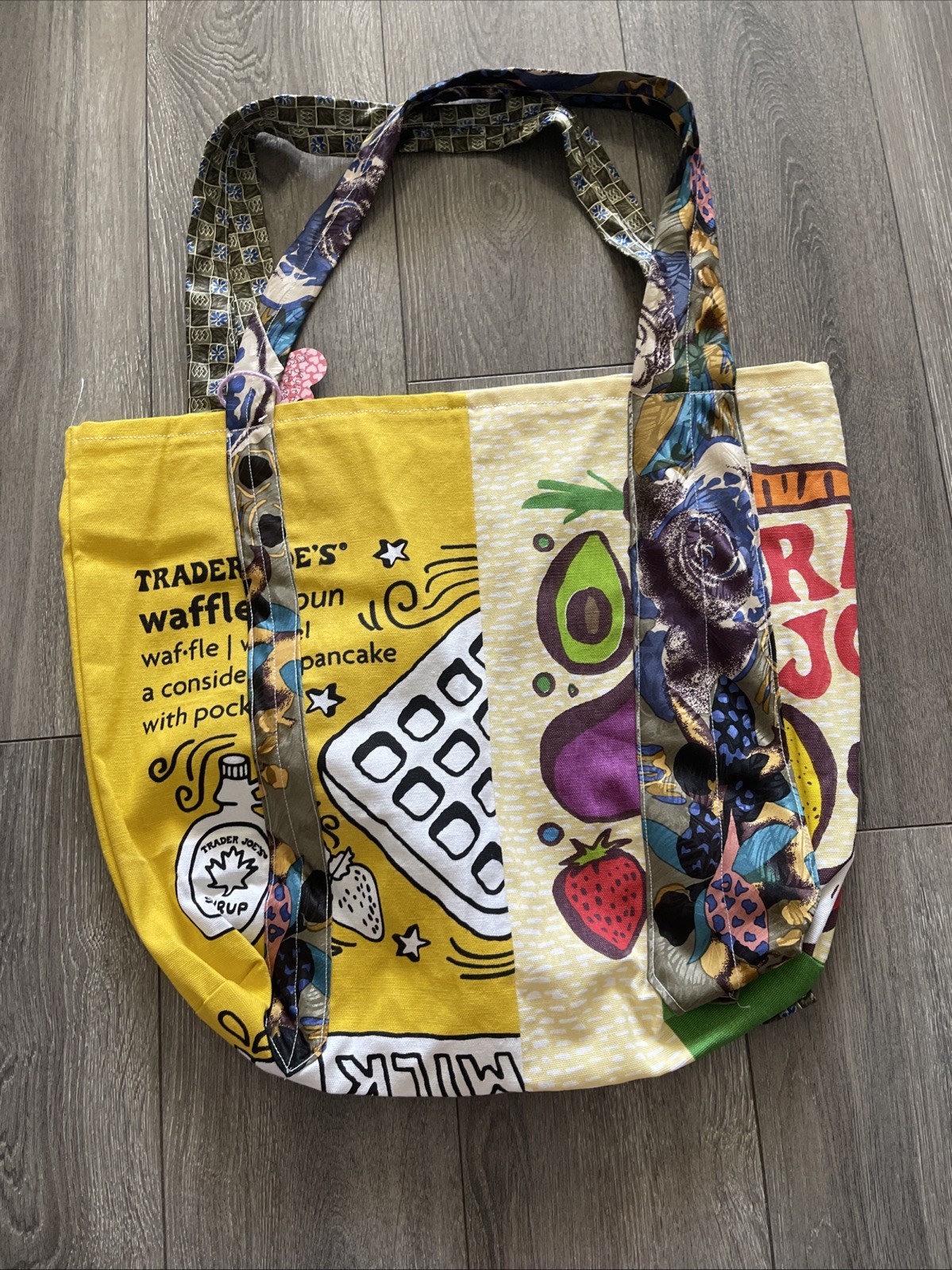 Trader Joe Tote Bag With Two Different Design Using Ties As Handles 17x13x5 1/2