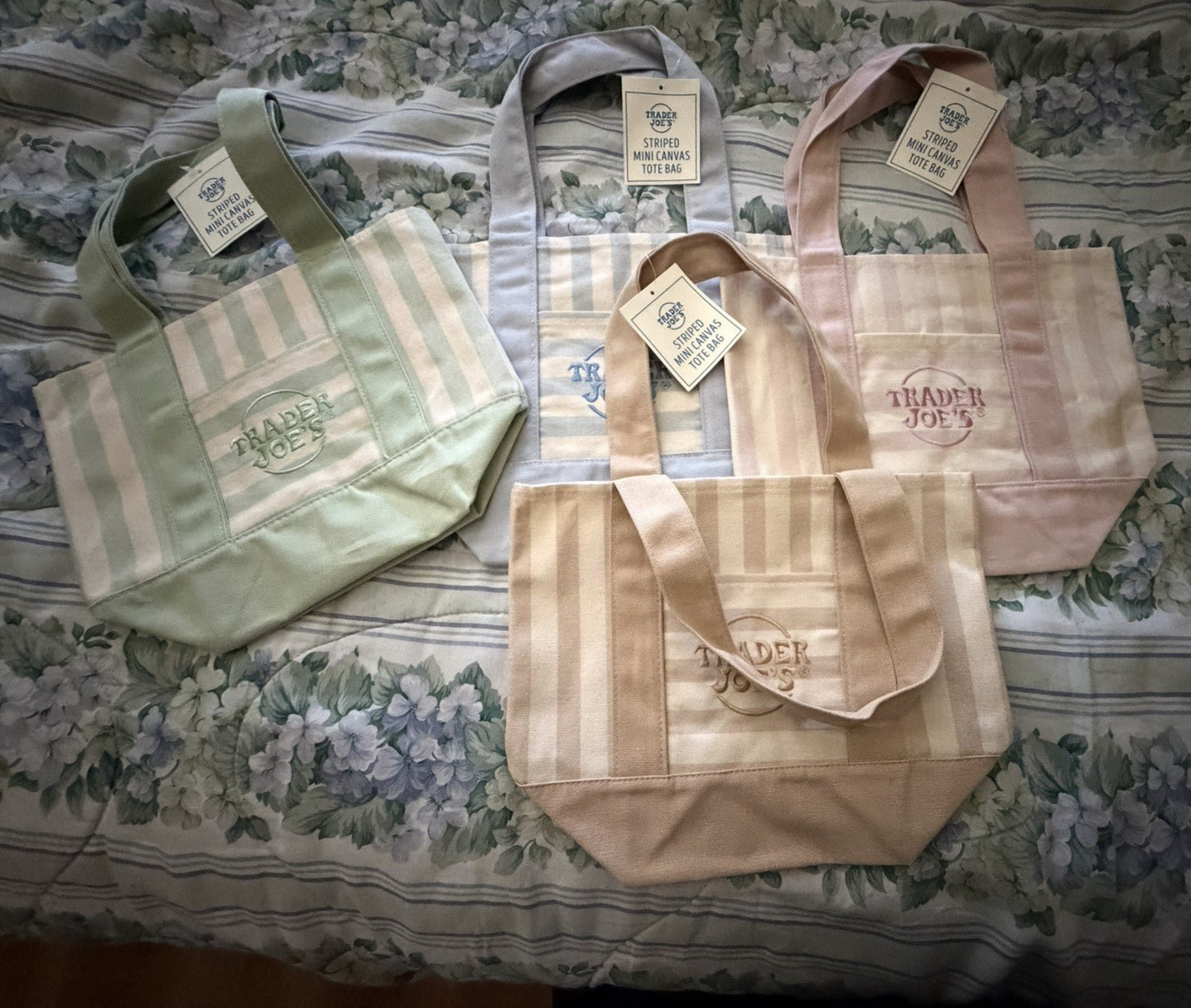 Trader Joe’s Striped Mini Canvas Tote Bag Multicolor 13x6x11 set of (4)