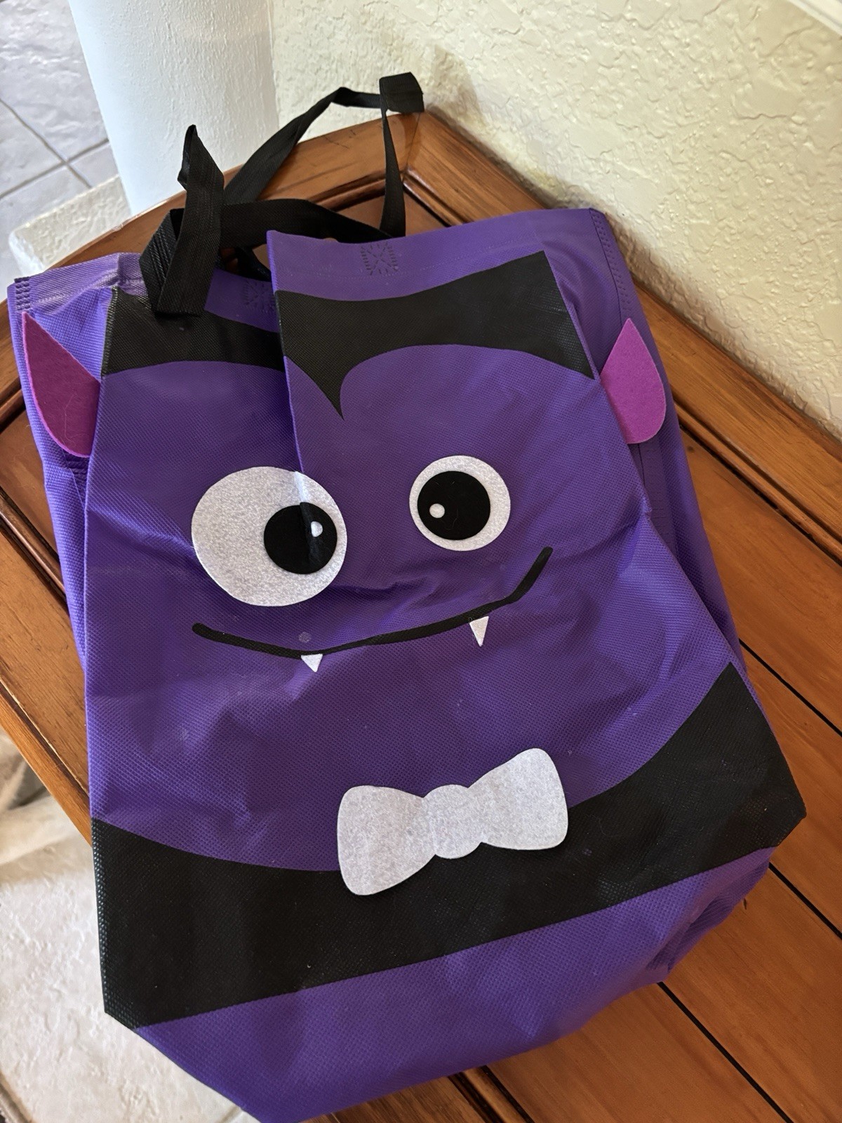 Purple Character Foldable Fabric Reusable Shopping Bag, Black & White Pattern
