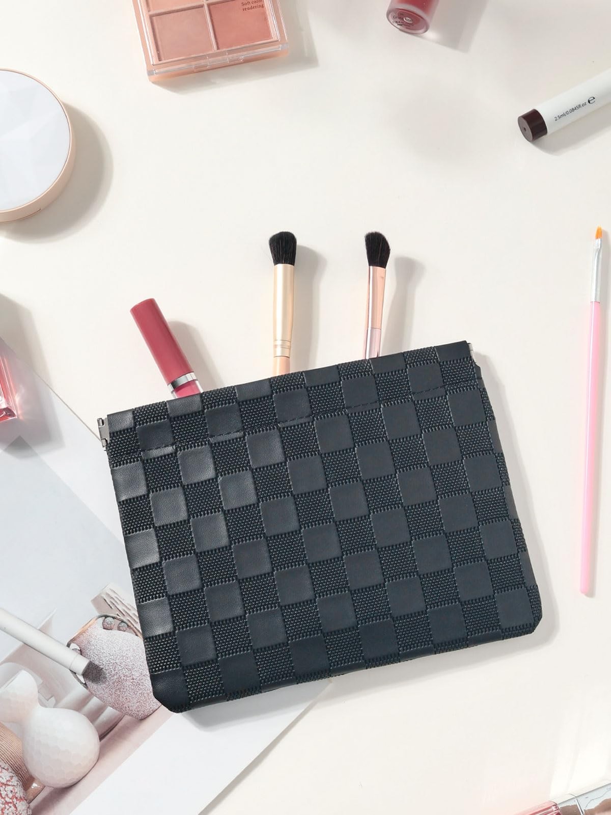 Ksriylm Black Plaid Leather Makeup Pouch for Women Small 5.5x7in,