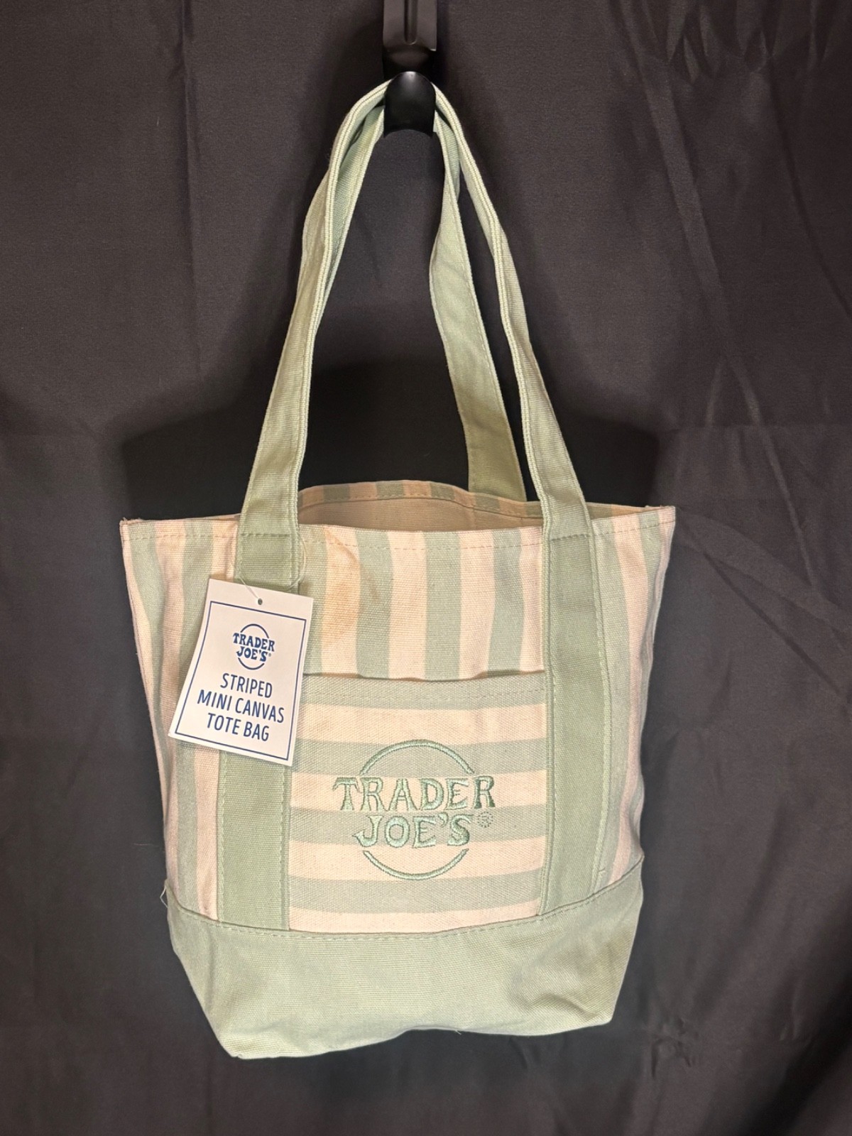Limited Edition 2026 Trader Joe’s Seafoam Green Striped Mini Canvas Tote Bag