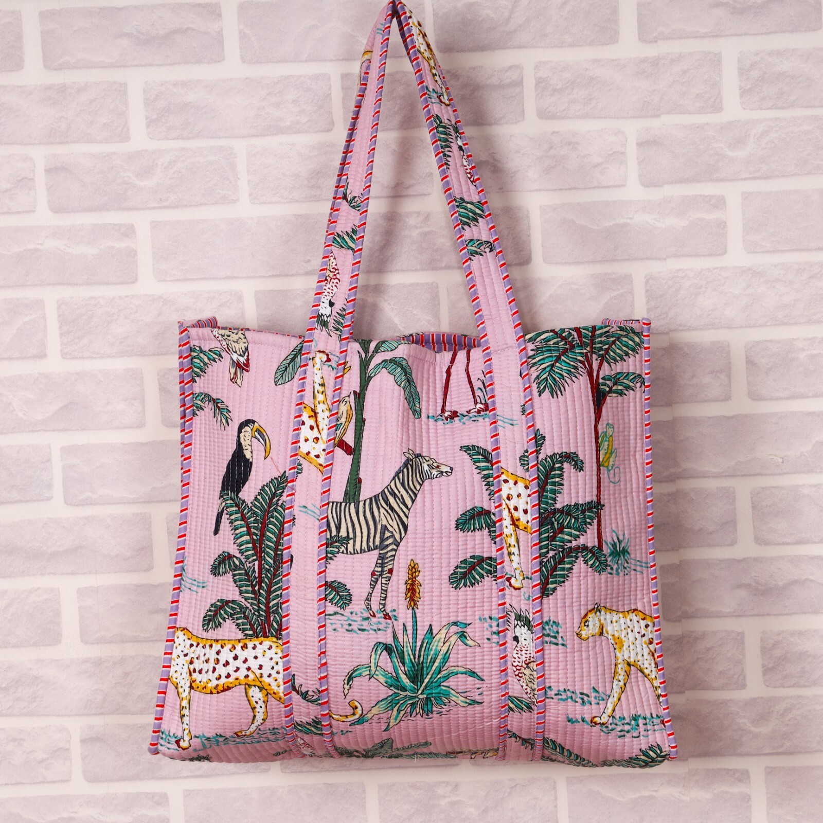 Jungle Print Pink Color Cotton Quilted Tote Bag Shopping Hippie Market Carry Bag