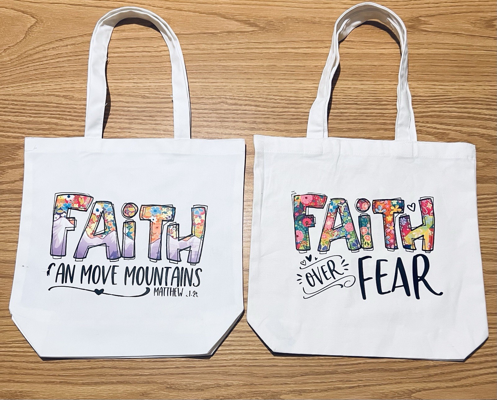 Reusable Canvas Tote Bag Floral Nature Print White Multicolor Set of 2