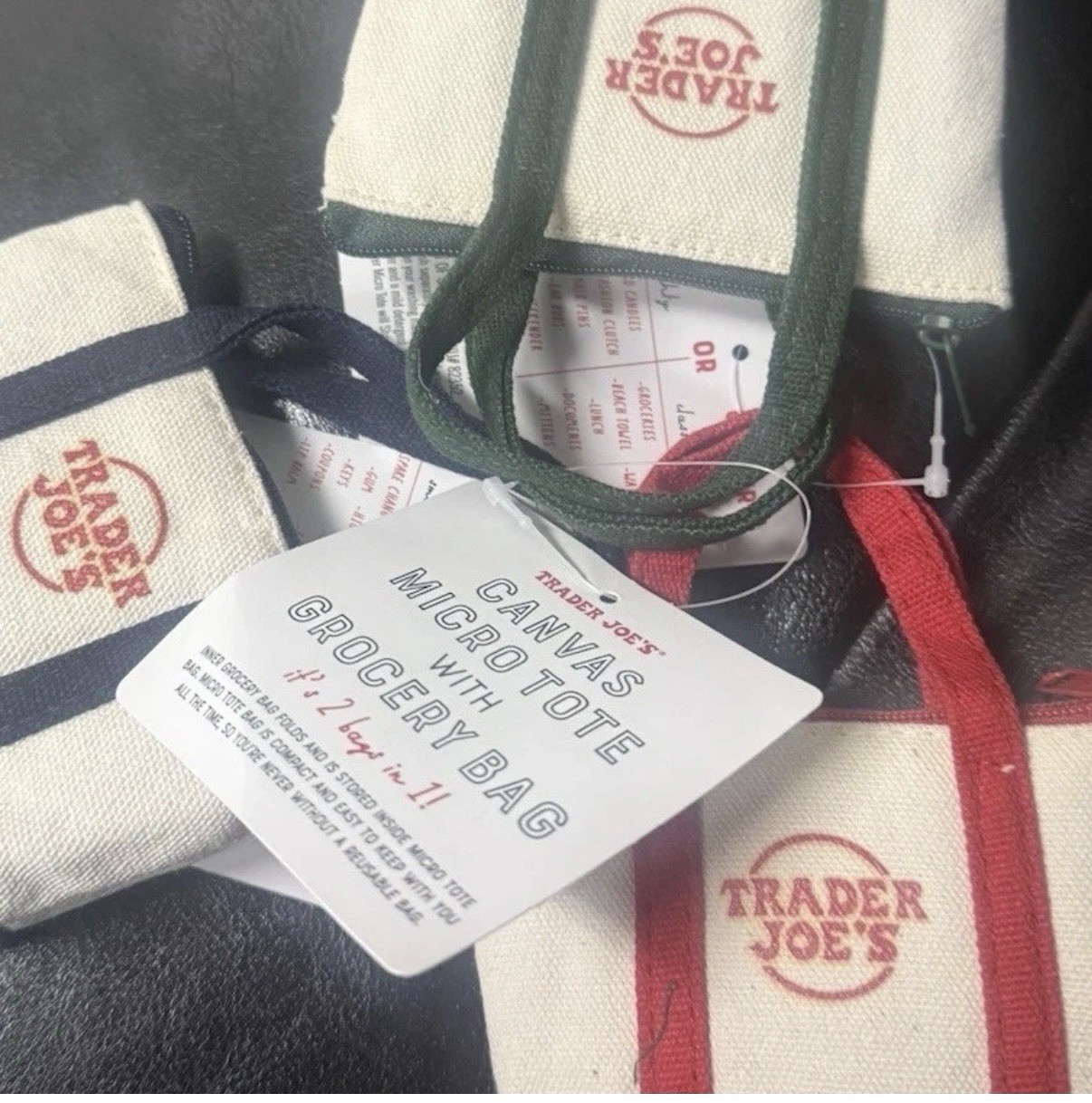 Trader Joe’s Mini Micro Tote CANVAS RED, BLUE, GREEN 2n1, Reusable Bag-All 3