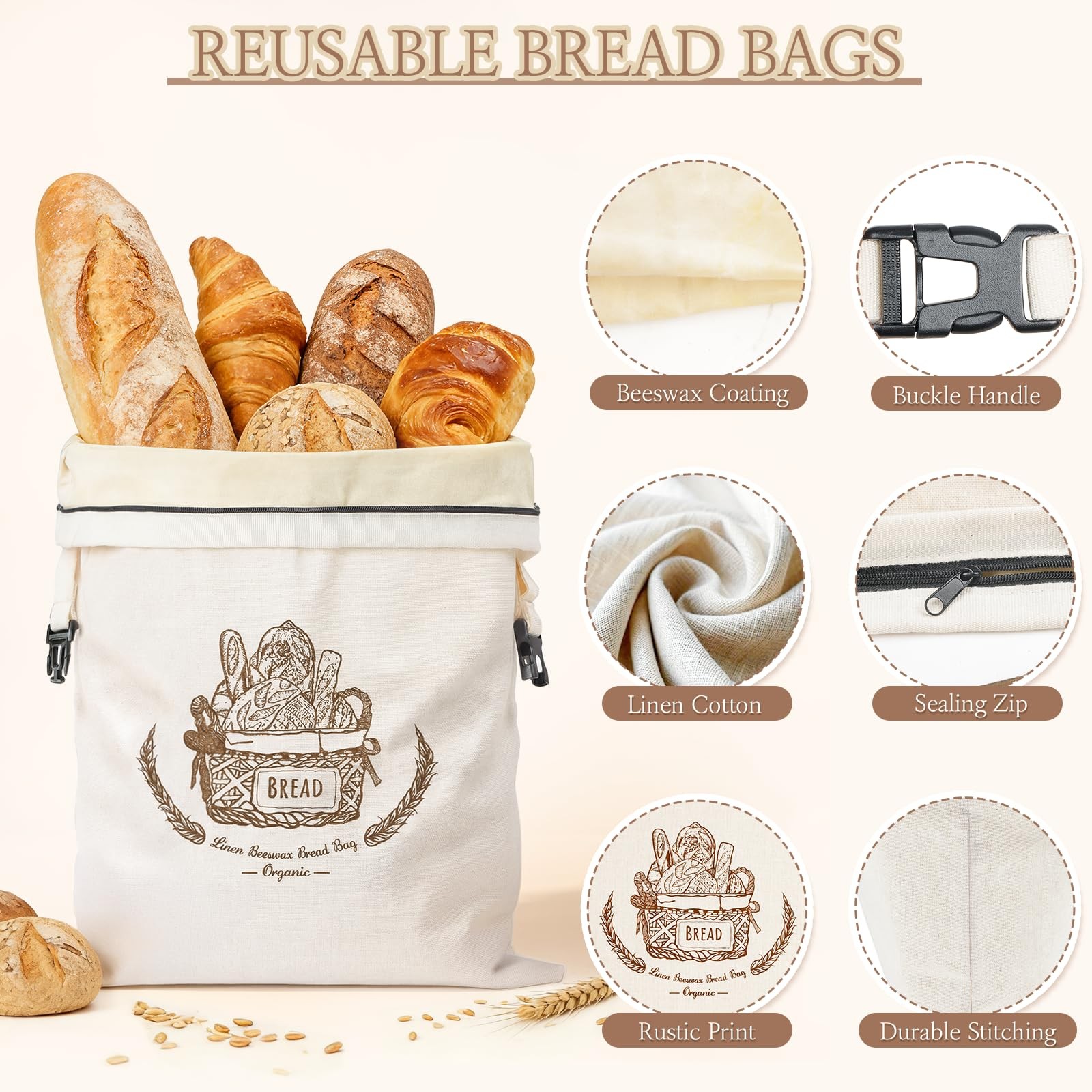 VIS’V Beeswax Bread Bags, Reusable Large Linen Cotton X-Large, Off-white