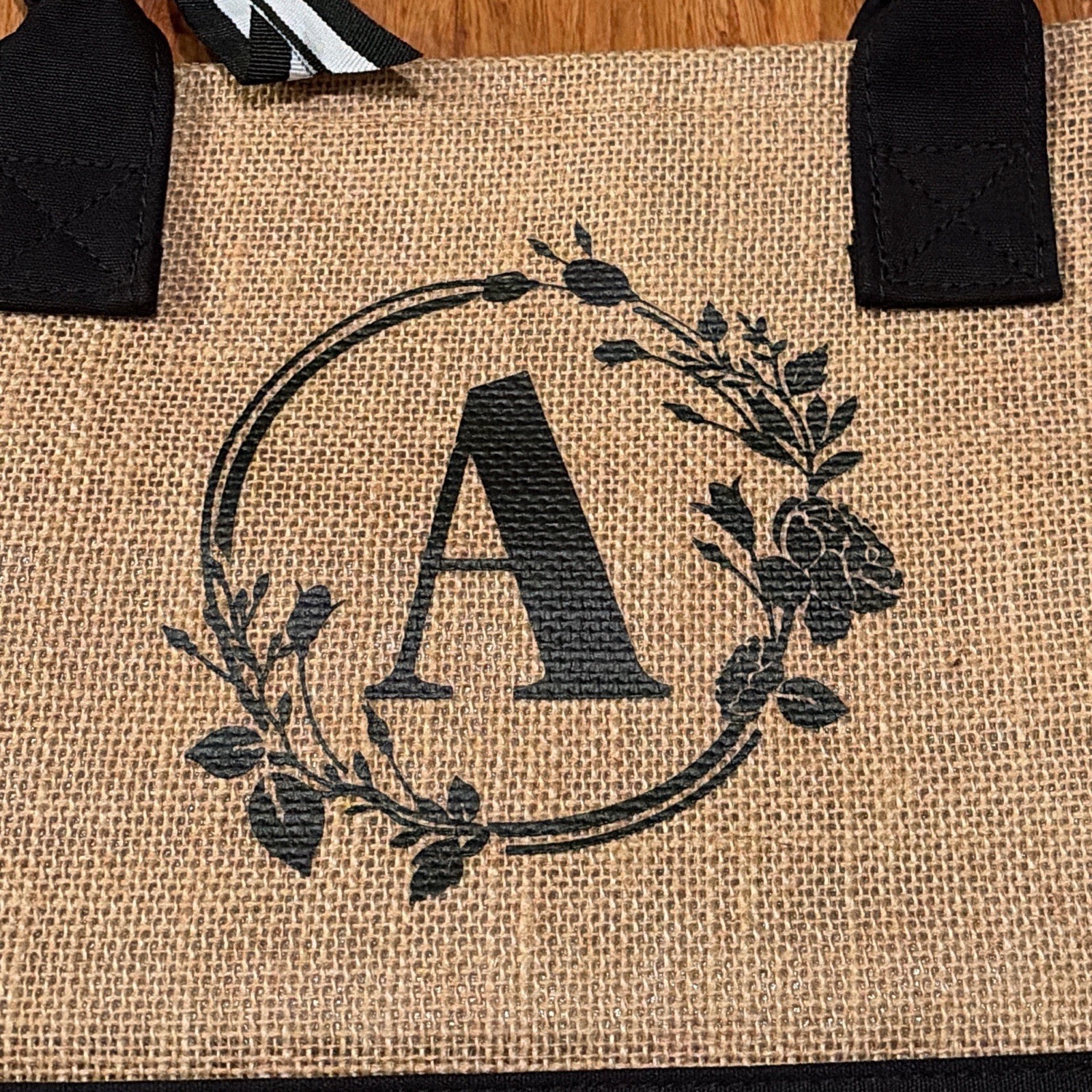 Floral Monogram ‘A’ Foldable Burlap Canvas Tote Bag Brown Black