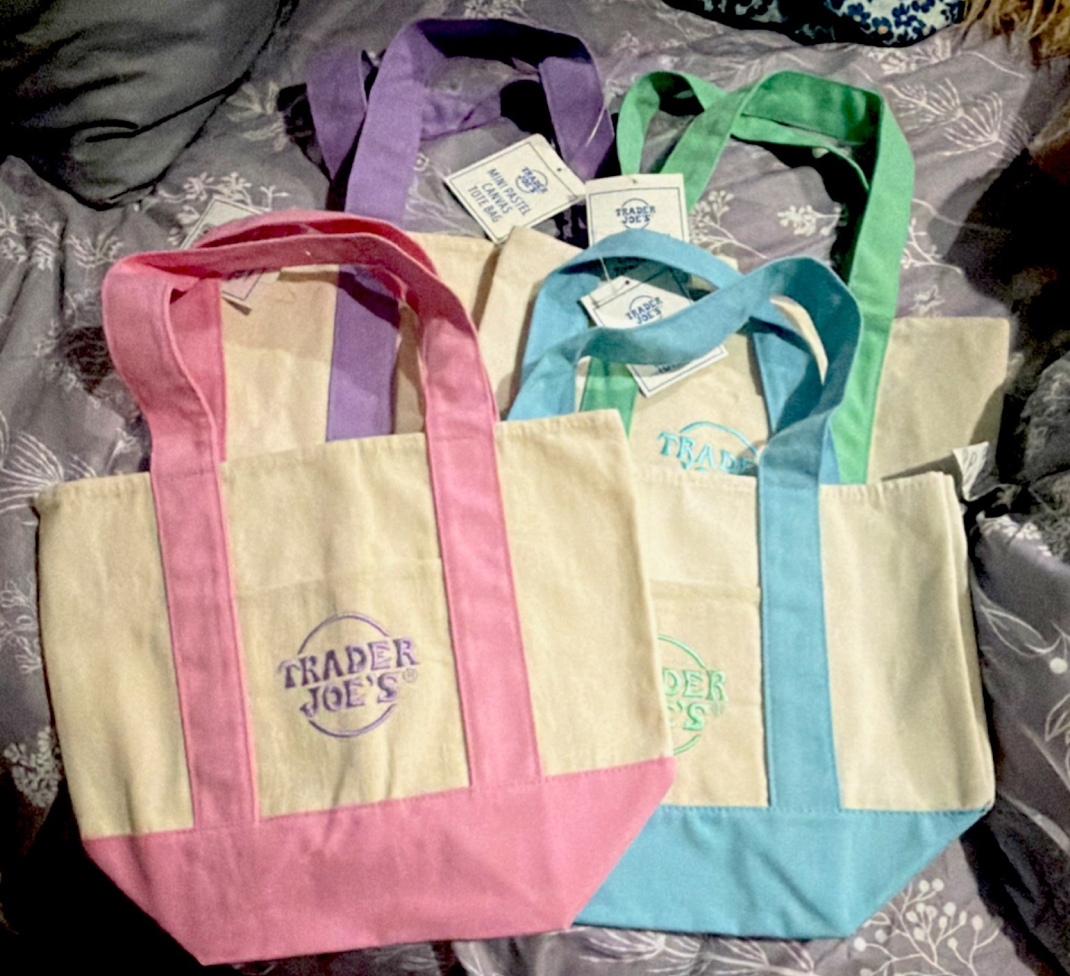 Trader Joe’s Mini Pastel Canvas Tote Bags Foldable Multicolor Set of 4