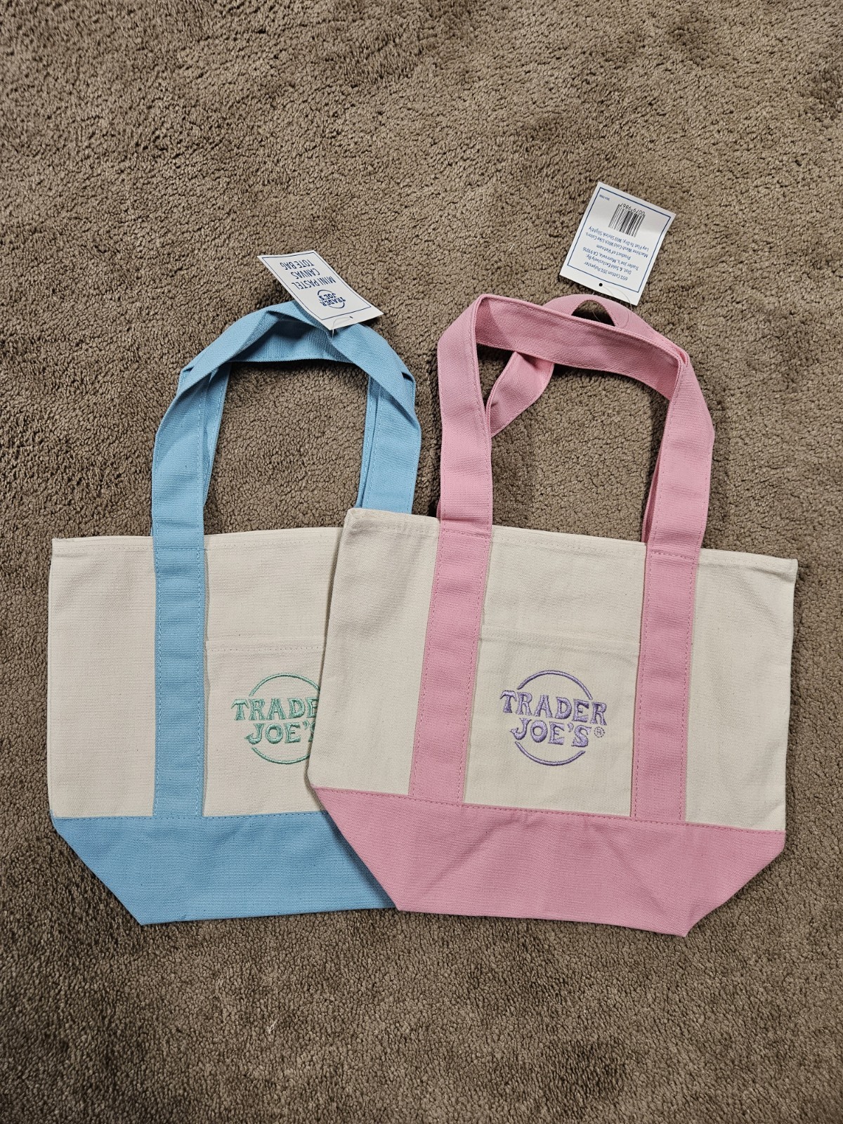 Two Spring 2026 Trader Joe’s Mini Pastel Canvas Tote Bags PINK & BLUE NWT Easter