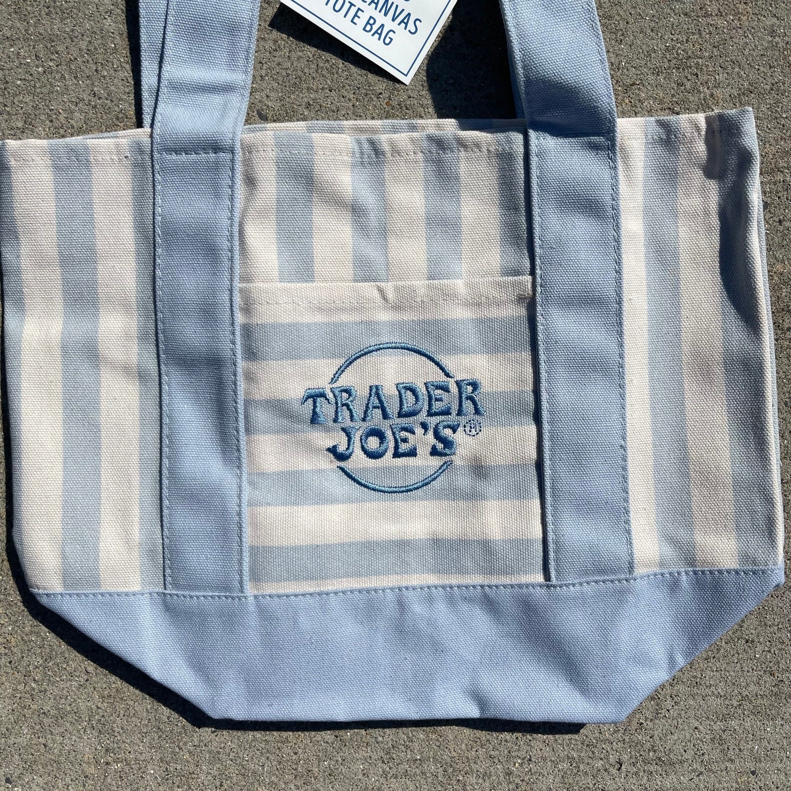 Set of 5 — Trader Joe’s Canvas Tote Bags Large Size PURPLE + Mini PASTEL STRIPES