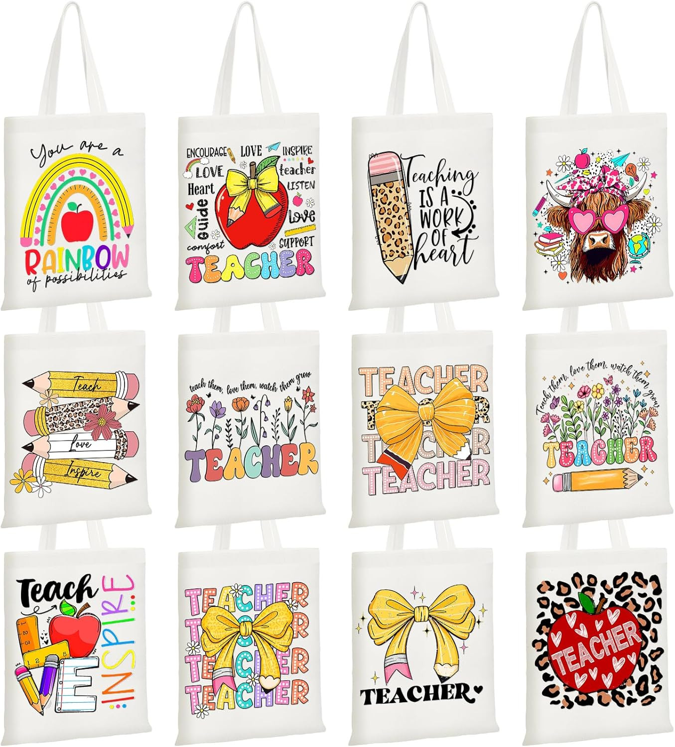 12 Pcs End of the Year Gift for Teacher, Reusable Canvas Tote Bags Thank You Tea