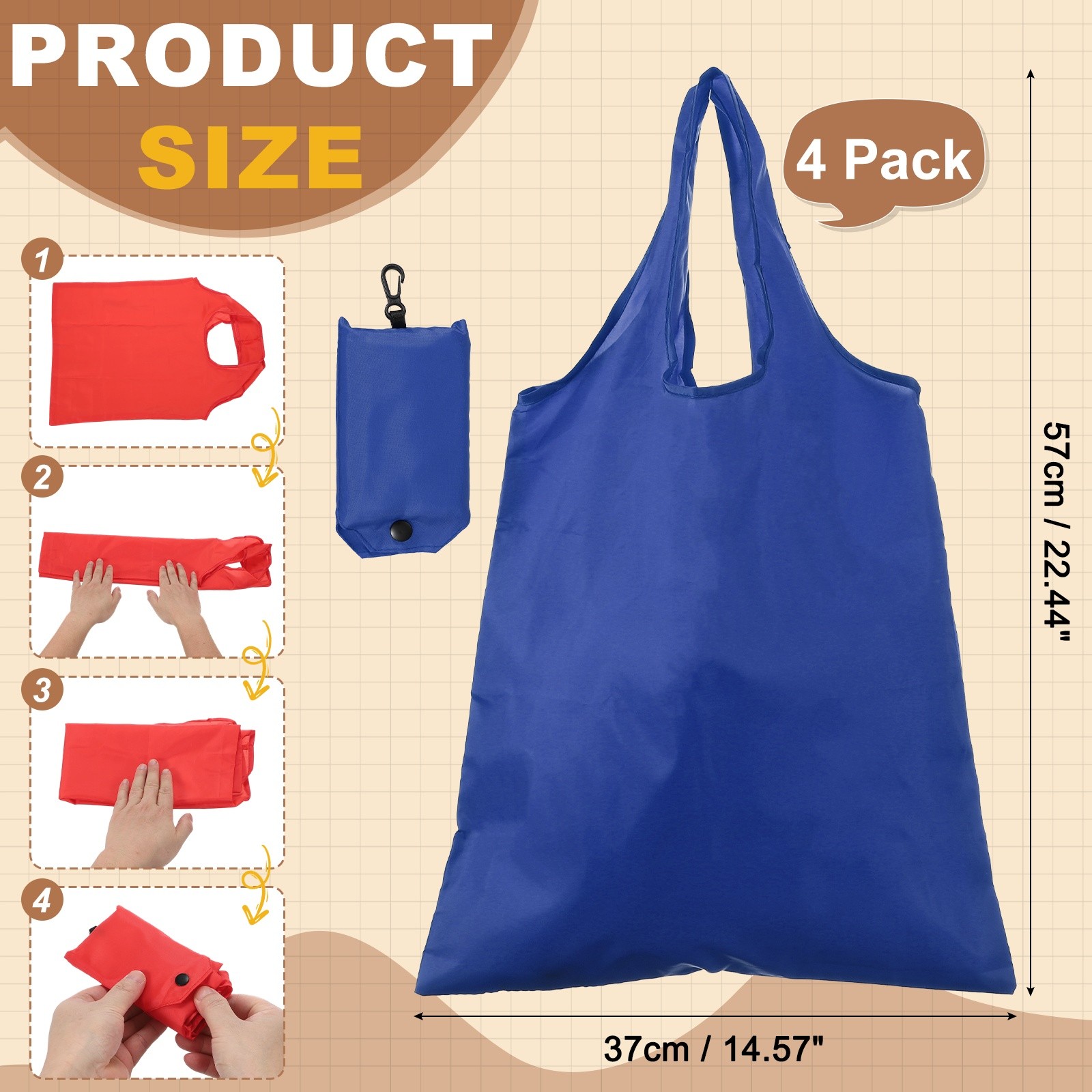 4 Pack Foldable Travel Bag with Handles Washable Shopping Tote Pouch Sapphire