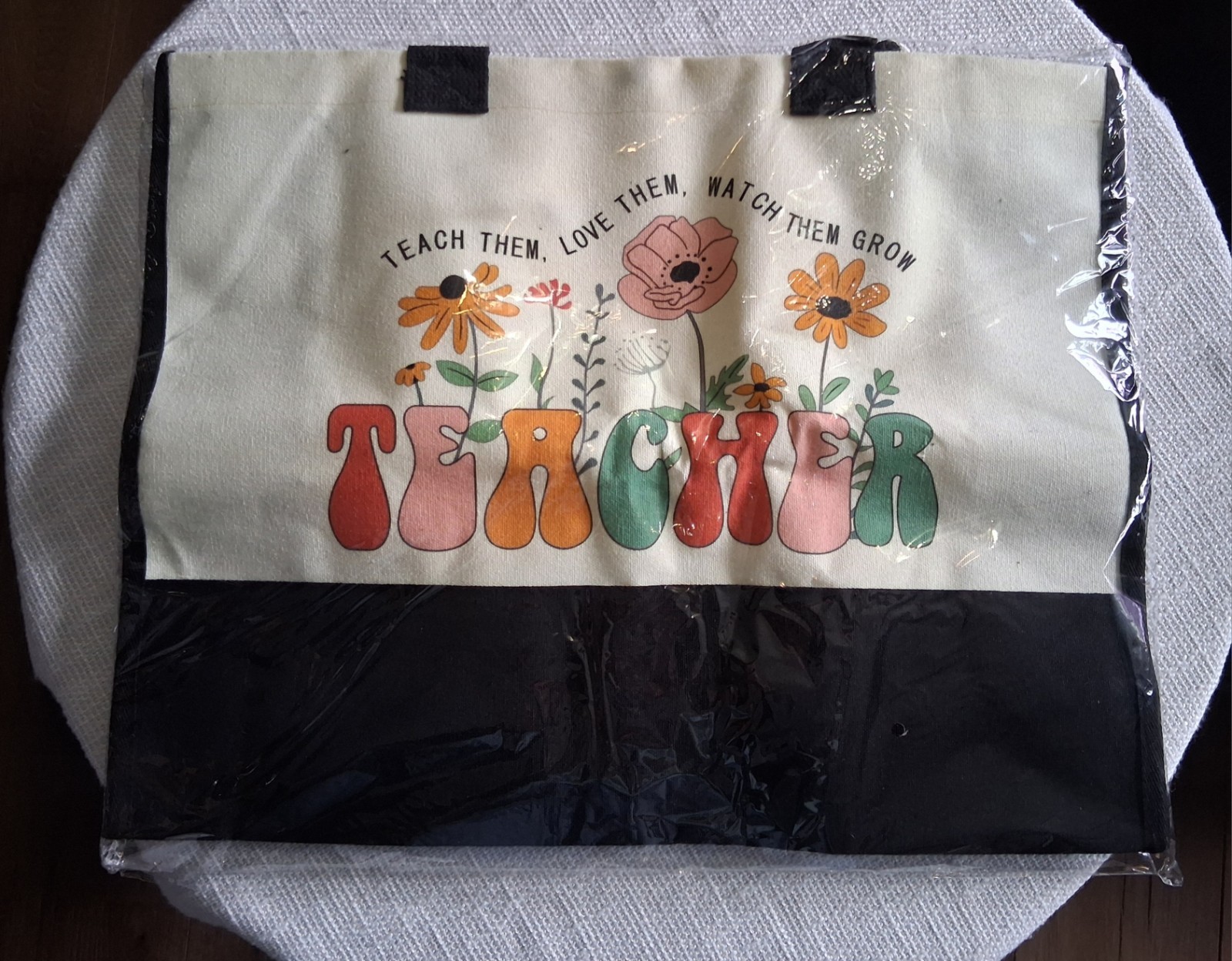 Reusable Tote Shopping Bag “TEACHER” Floral Print Black & White