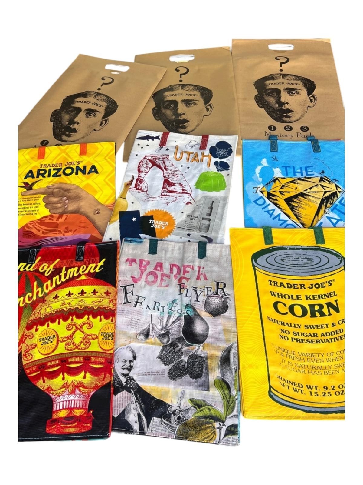 New Lot of 3 TRADER JOES “Mystery Packs” 2024 Shopping Bags Around the Country