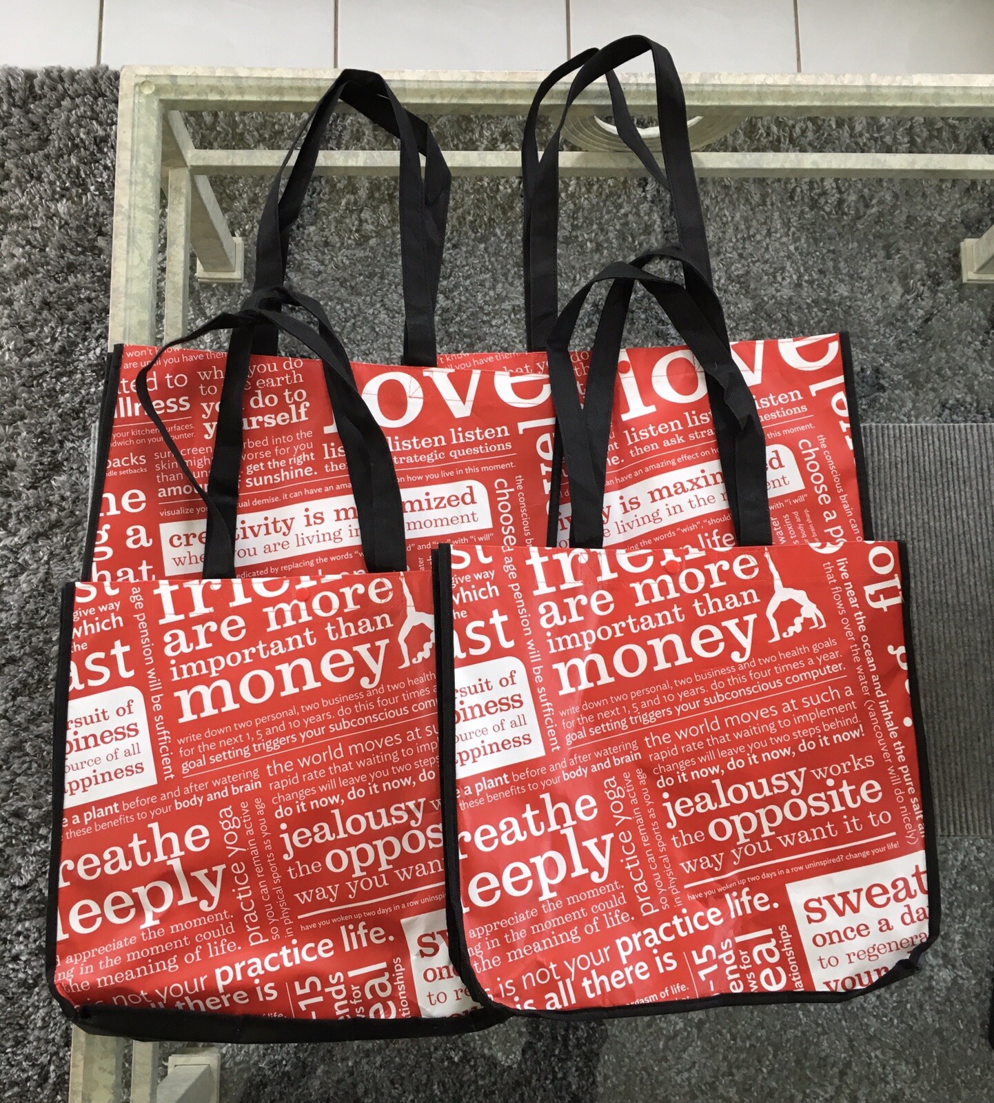 Lululemon Reusable Large Shopping Bag Red w/White Sayings Preowned Snap Top