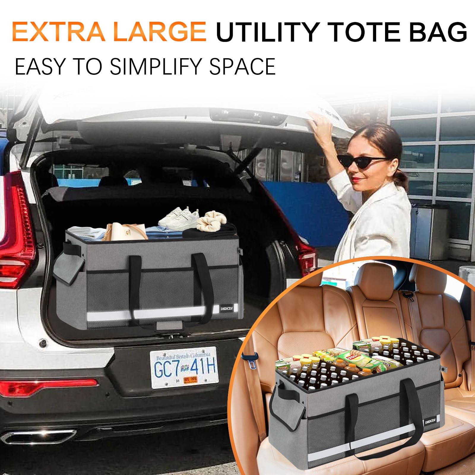 Upgrade Extra Large Utility Tote Bag with Reflective Strip, Standing Reusable Gr