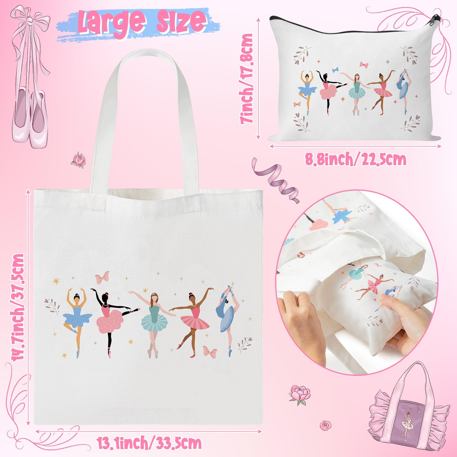 Ballerina Canvas Tote Bag – 2Pcs Ballerina Watercolor Print Makeup Bag Set, C…