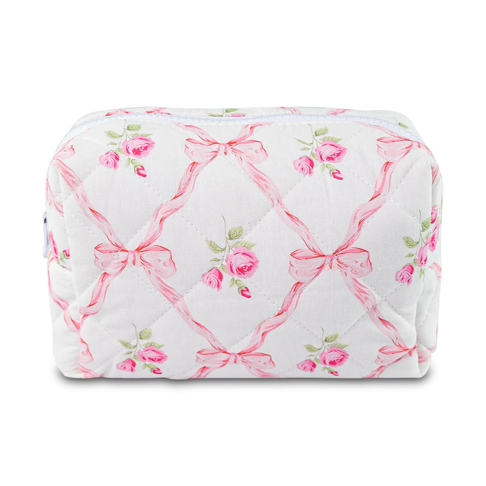 Quilted Makeup Bag Floral Cotton Make up Puffy Coquette Pink bow