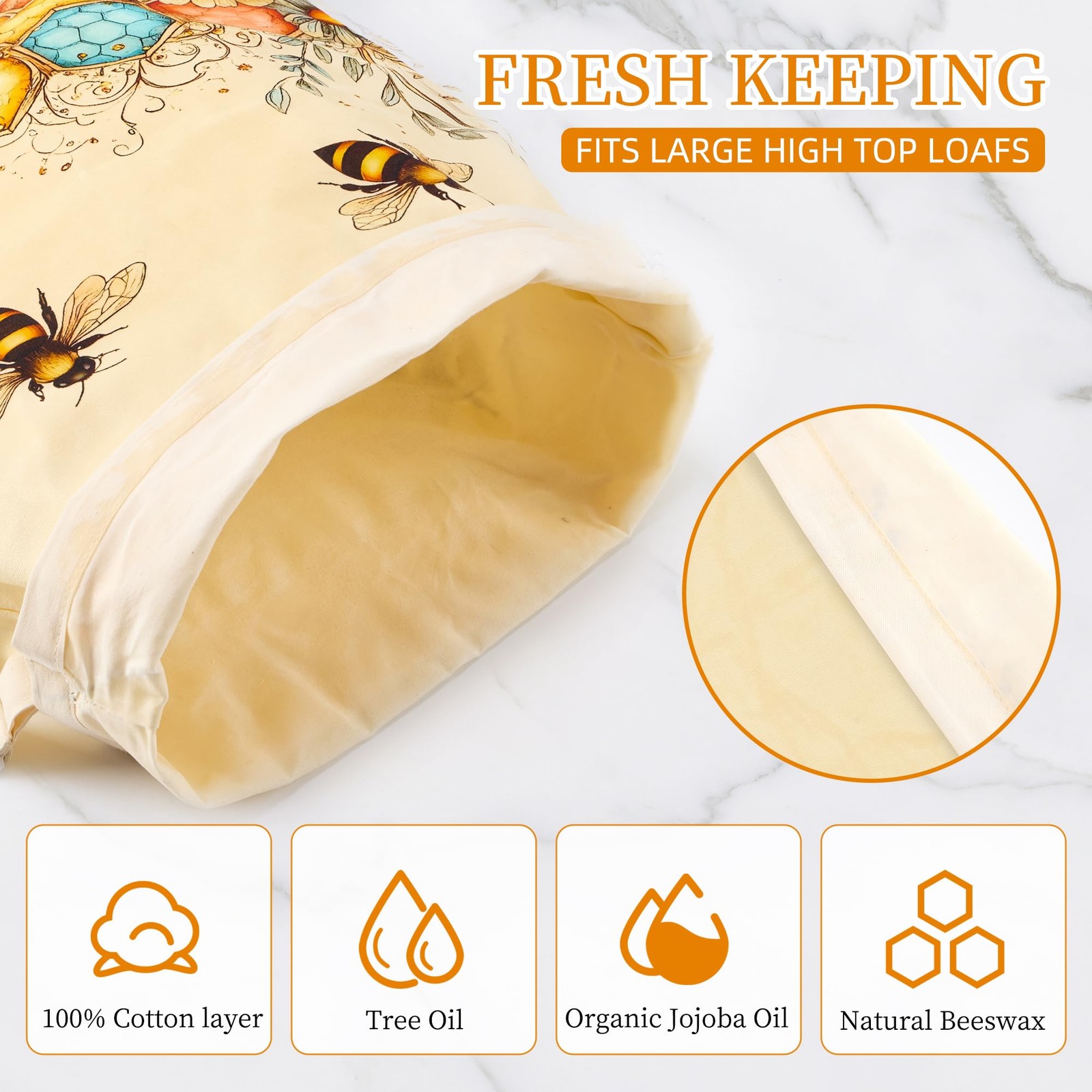 Beeswax Bread Bags for Homemade Sourdough, 2 Pack 13″W x 17″H, Yellow